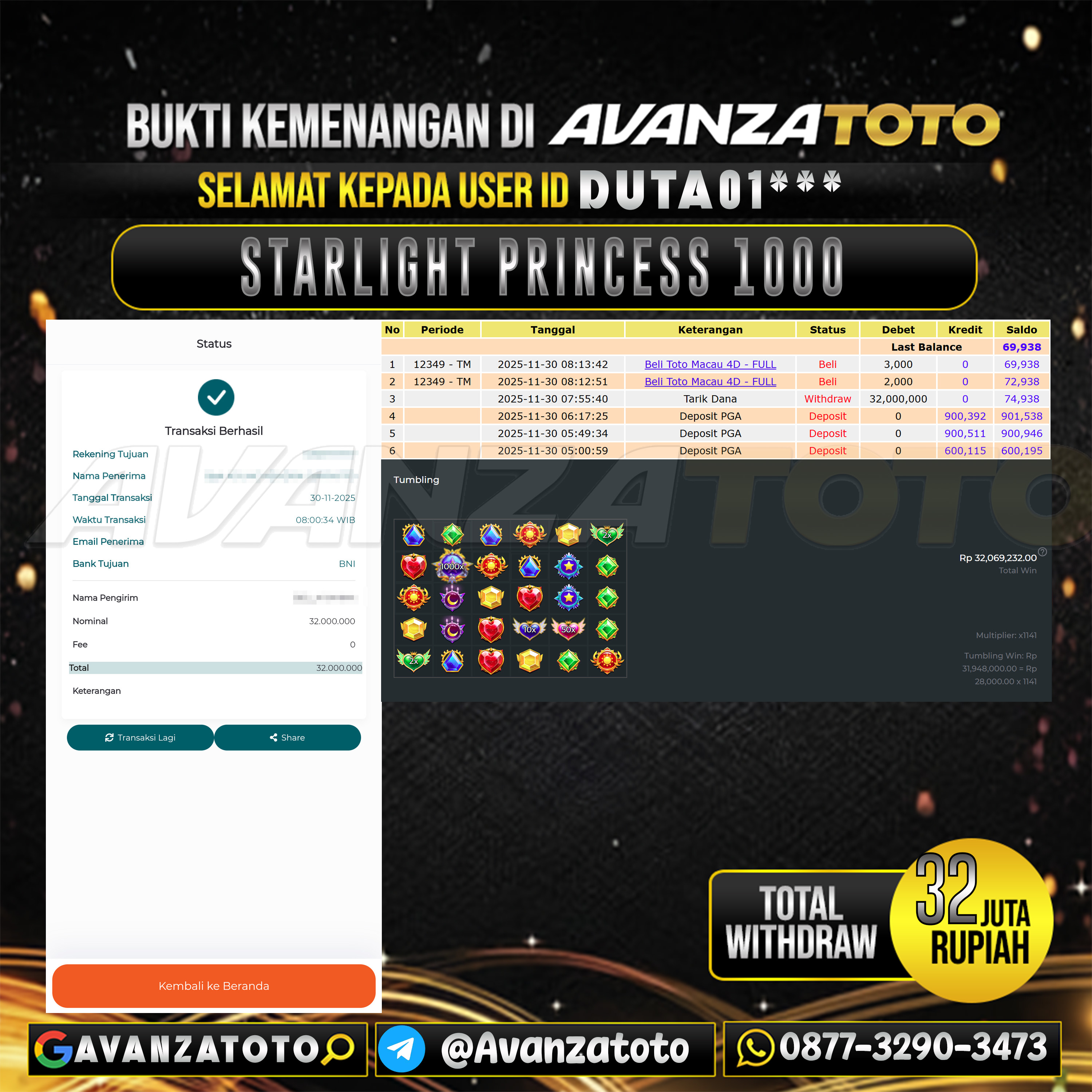 AVANZATOTO JACKPOT SLOT STARLIGHT PRINCESS 1000 Rp.32.000.000,-LUNAS USER ID : DUTA01***