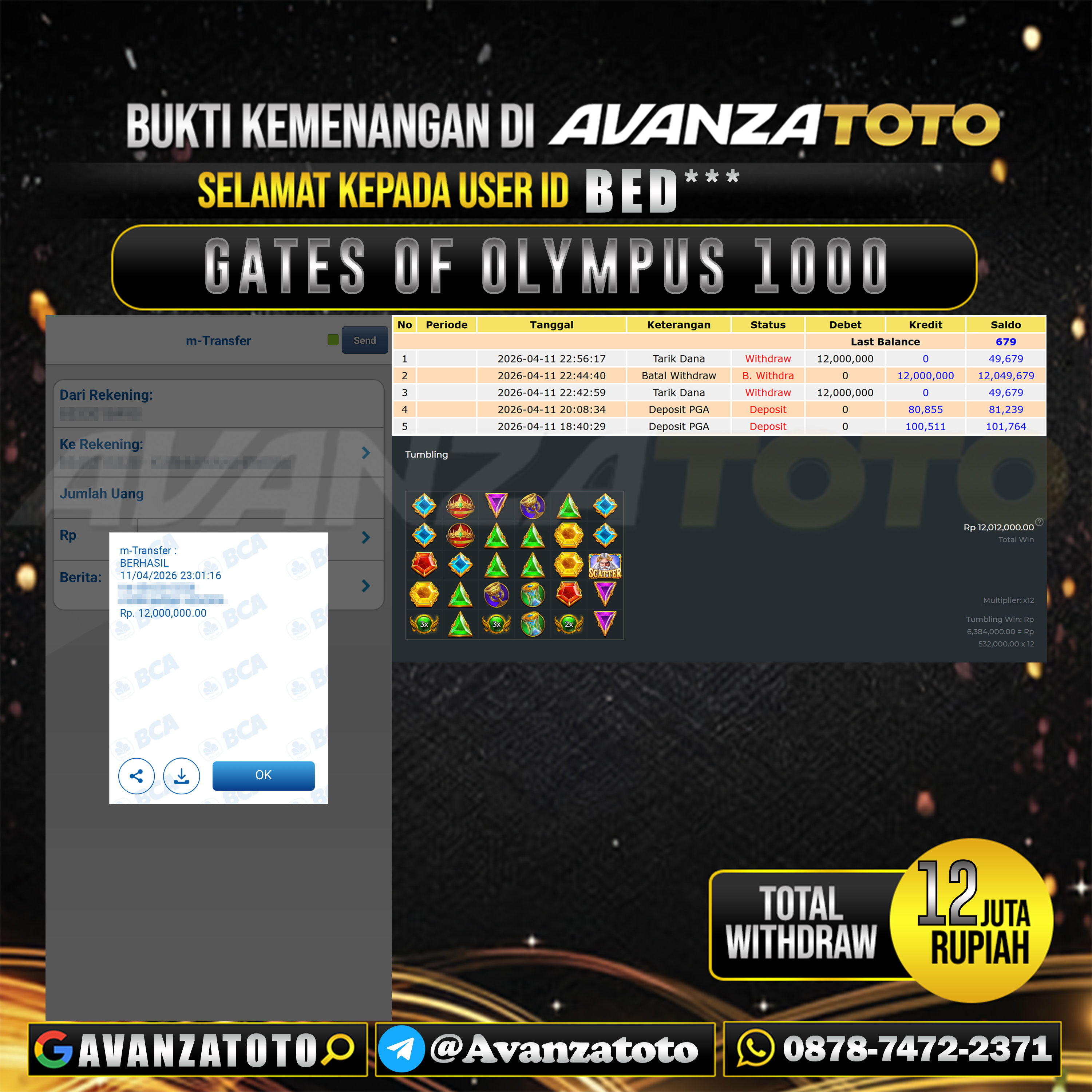 AVANZATOTO JACKPOT SLOT GATES OF OLYMPUS 1000 Rp.12.000.000,-LUNAS USER ID : BED*** 