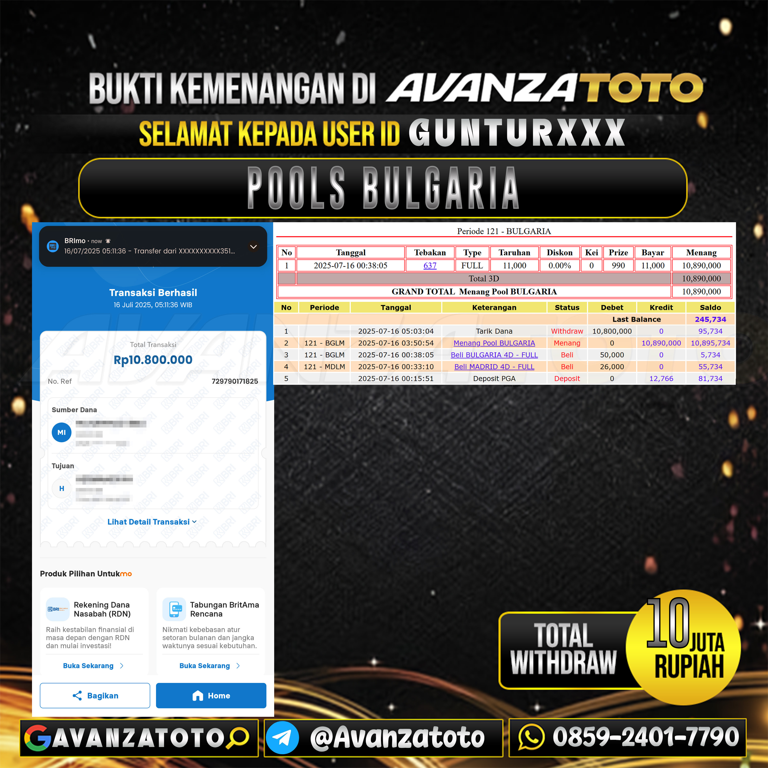 AVANZATOTO JACKPOT TOGEL PASARAN BULGARIA Rp.-10.000.000,-LUNAS USER ID: GUNTU***