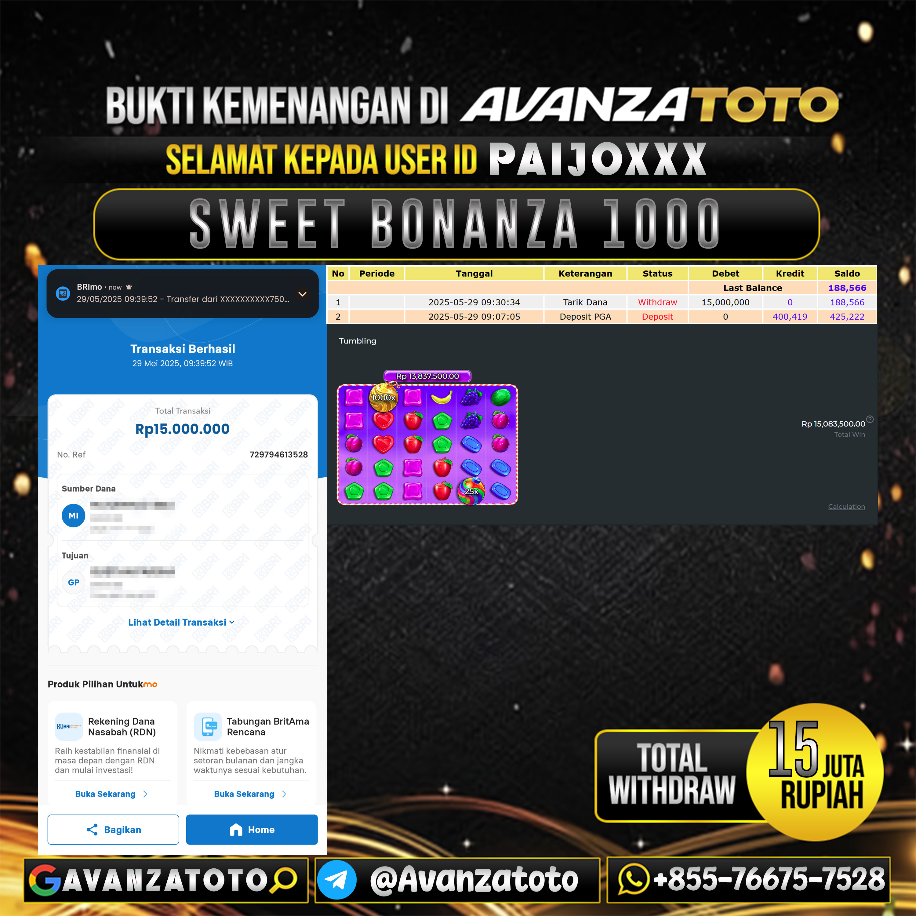 AVANZATOTO JACKPOT SLOT SWEET BONANZA 1000 Rp.15.000.000,-LUNAS USER ID: PAIJO***