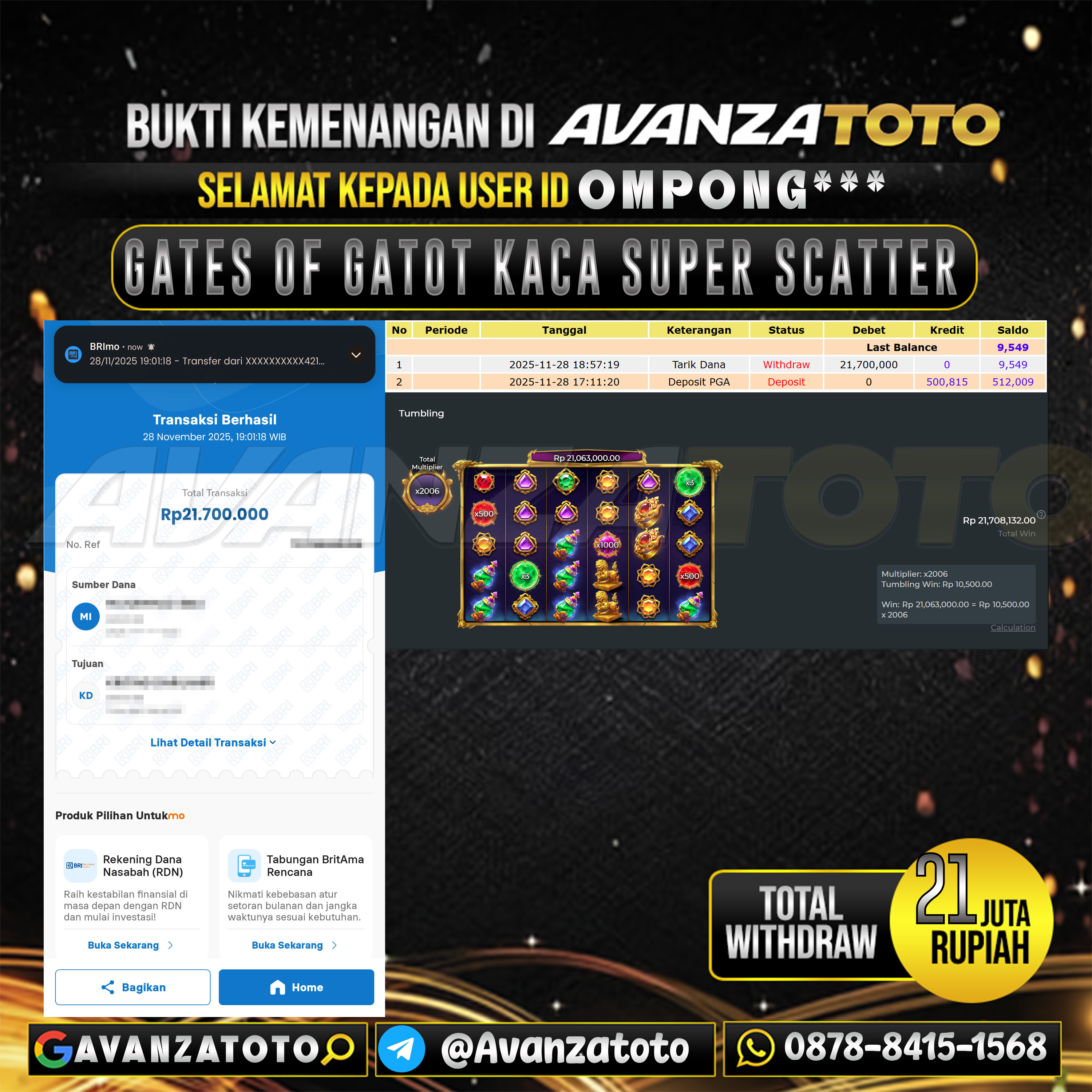 AVANZATOTO JACKPOT SLOT GATES OF GATOT KACA SUPER SCATTER Rp.21.000.000,-LUNAS USER ID : OMPONG***