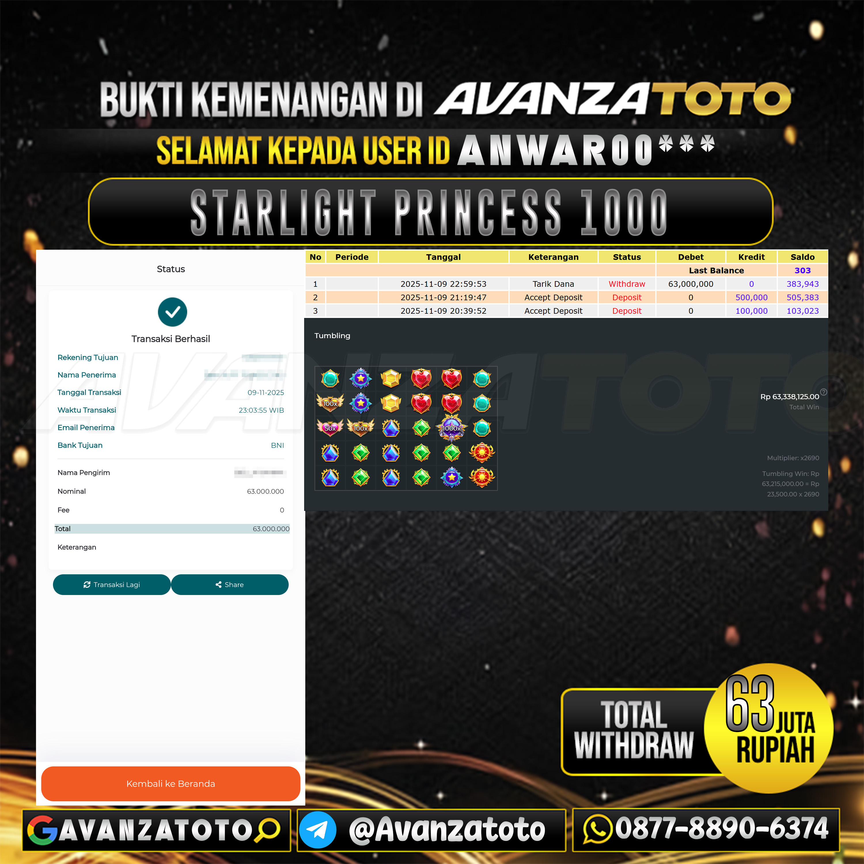AVANZATOTO JACKPOT SLOT STARLIGHT PRINCESS 1000 Rp.63.000.000,-LUNAS USER ID: ANWAR00***