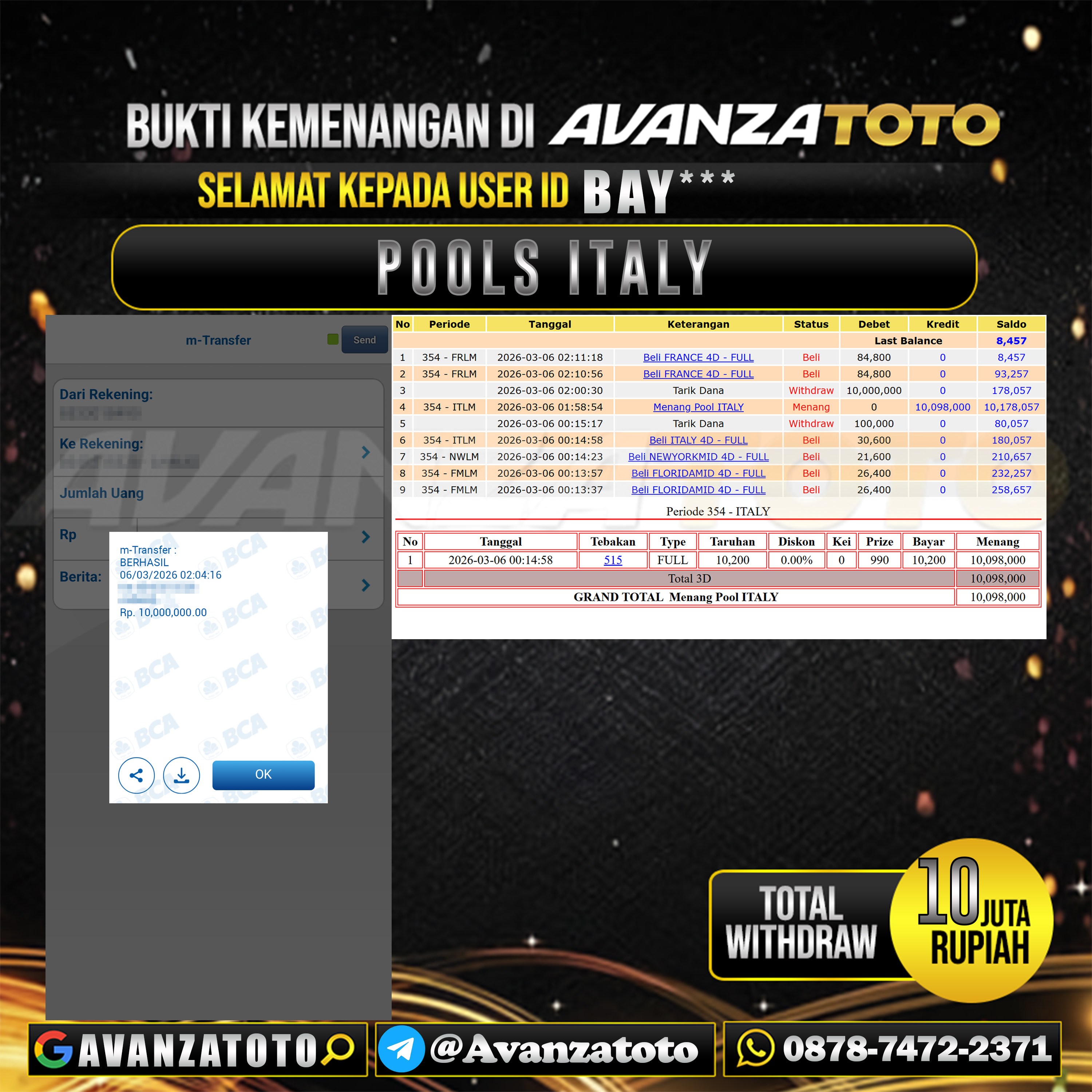 AVANZATOTO JACKPOT TOGEL PASARAN ITALY Rp.10.000.000,-LUNAS USER ID : BAY*** 
