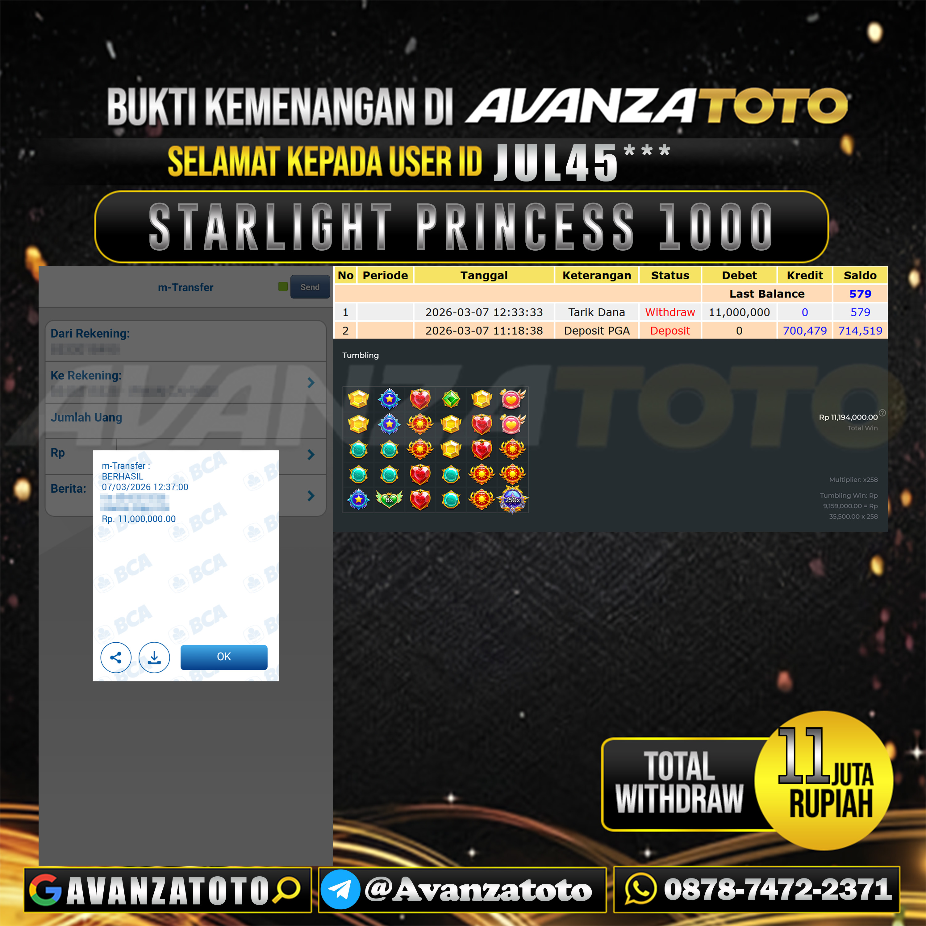AVANZATOTO JACKPOT SLOT STARLIGHT PRINCESS 1000 Rp.11.000.000,-LUNAS USER ID : JUL45*** 