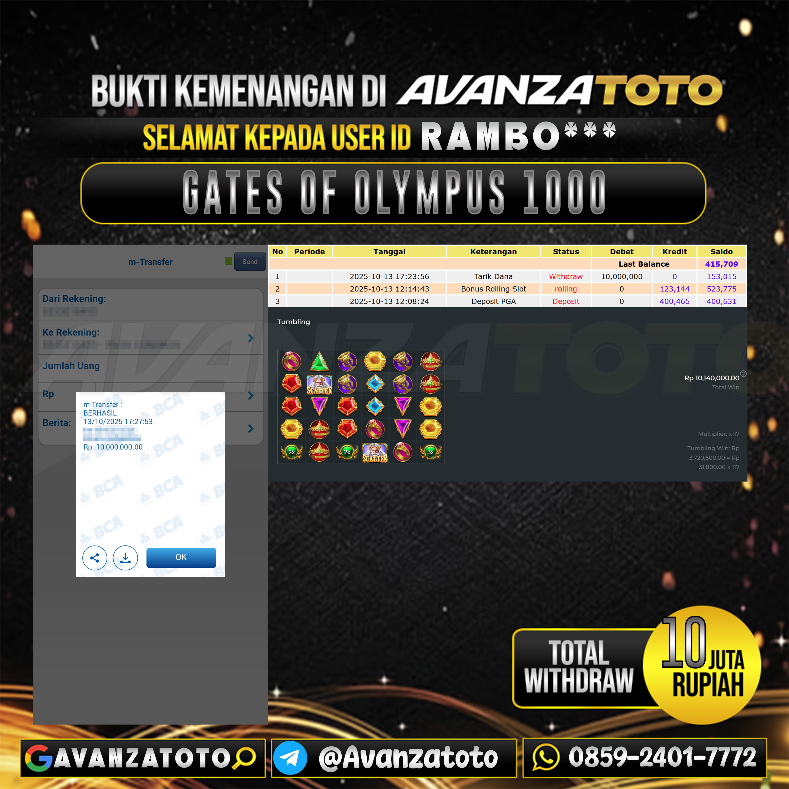 AVANZATOTO JACKPOT SLOT GATES OF OLYMPUS 1000 Rp.10.000.000,-LUNAS USER ID : RAMBO***