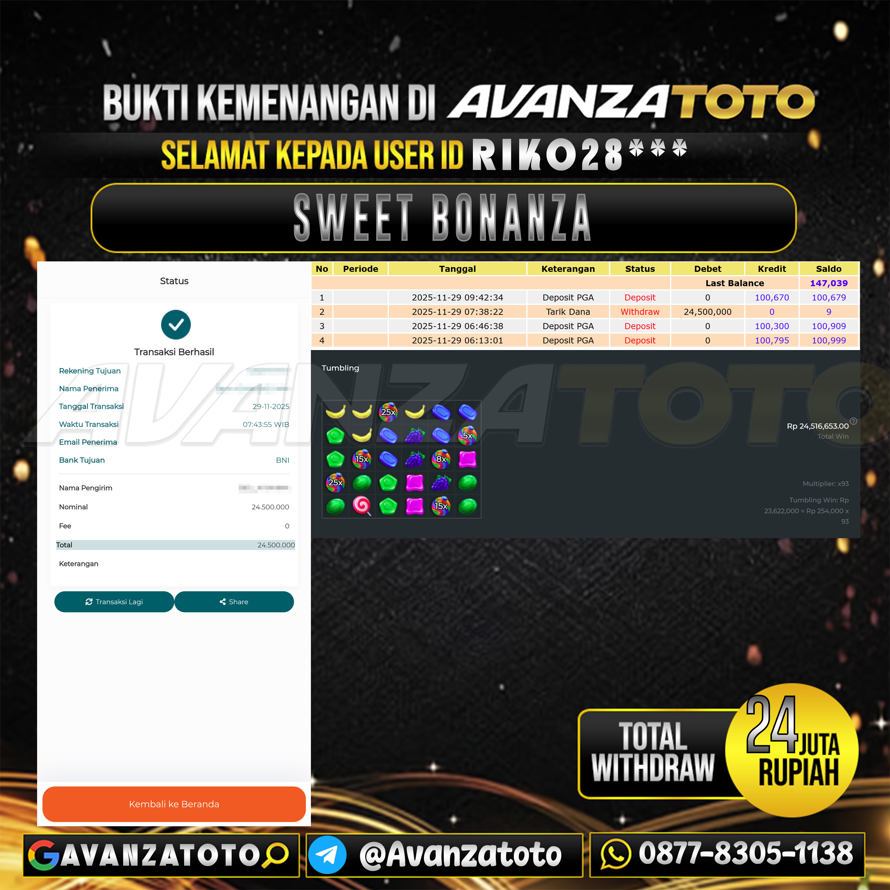 AVANZATOTO JACKPOT SLOT SWEET BONANZA Rp.24.000.000,-LUNAS USER ID : RIKO28***