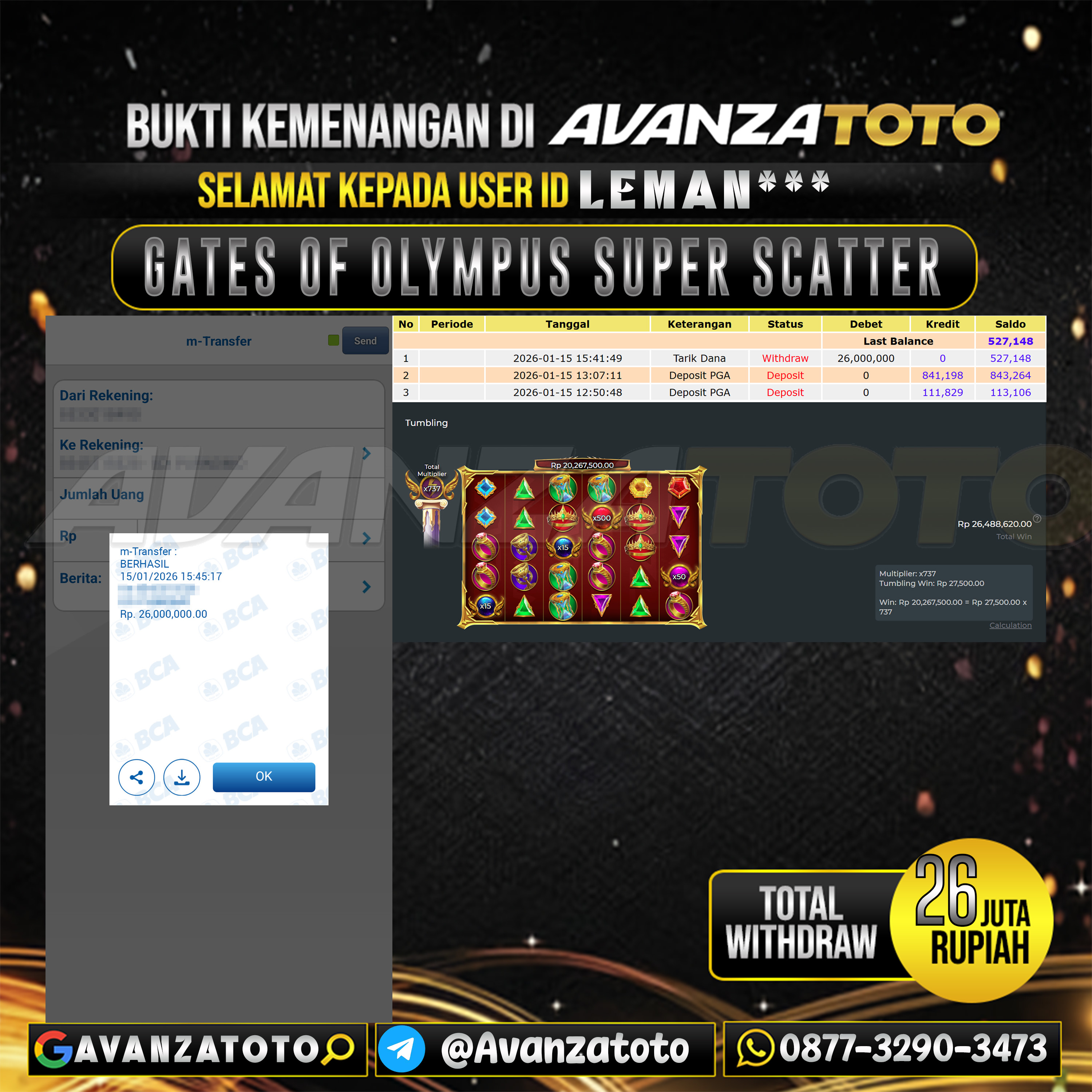 AVANZATOTO JACKPOT SLOT GATES OF OLYMPUS SUPER SCATTER Rp.26.000.000,-LUNAS USER ID : LEMAN***