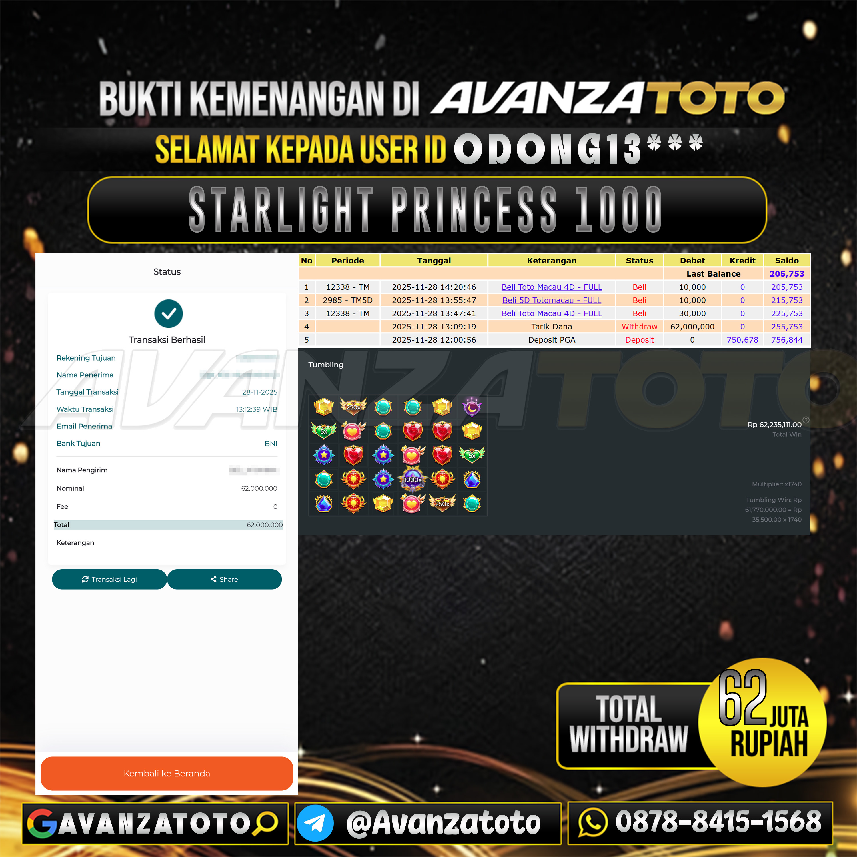 AVANZATOTO JACKPOT SLOT STARLIGHT PRINCESS 1000 Rp.62.000.000,-LUNAS USER ID : ODONG13***