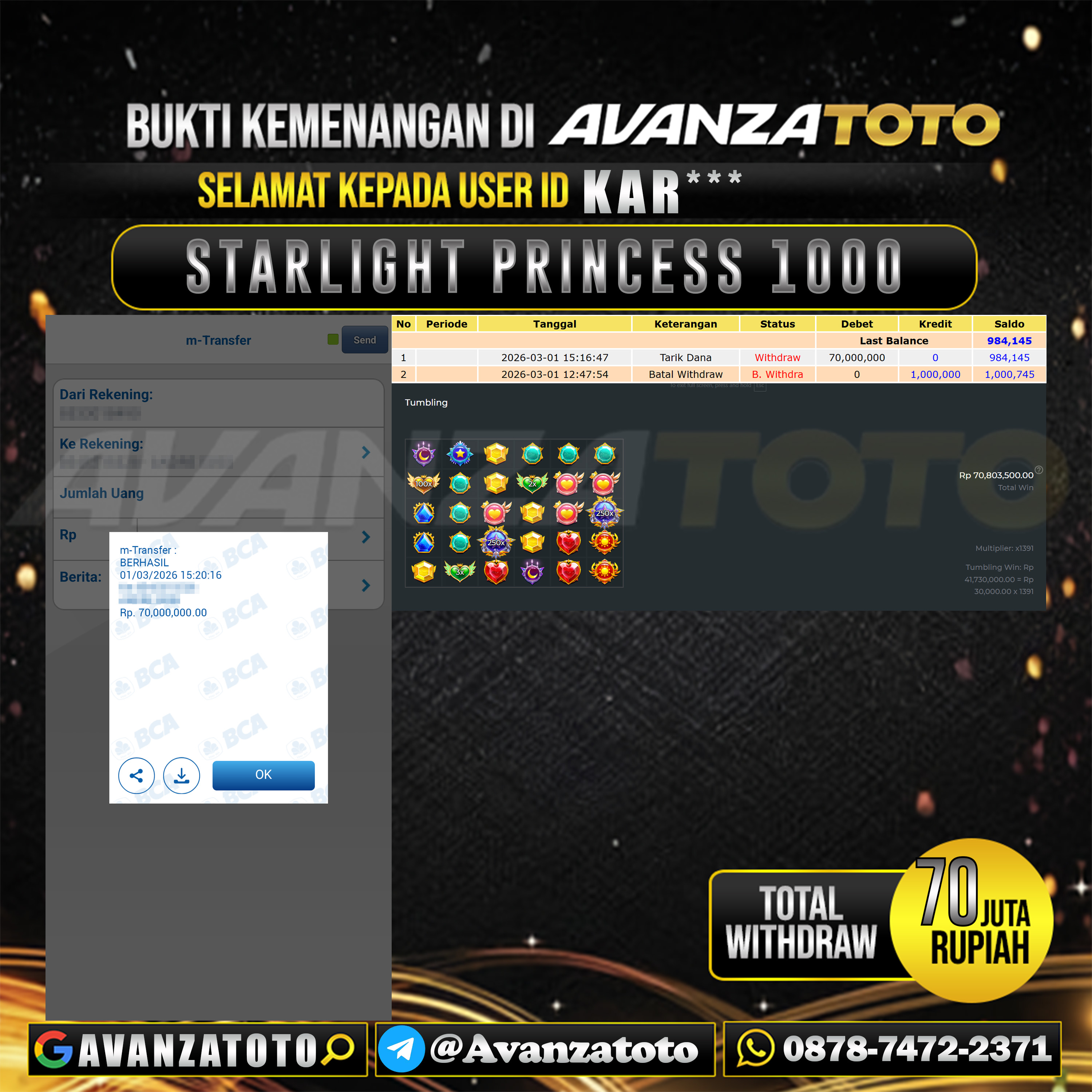 AVANZATOTO JACKPOT SLOT STARLIGHT PRINCESS 1000 Rp.70.000.000,-LUNAS USER ID : KAR*** 