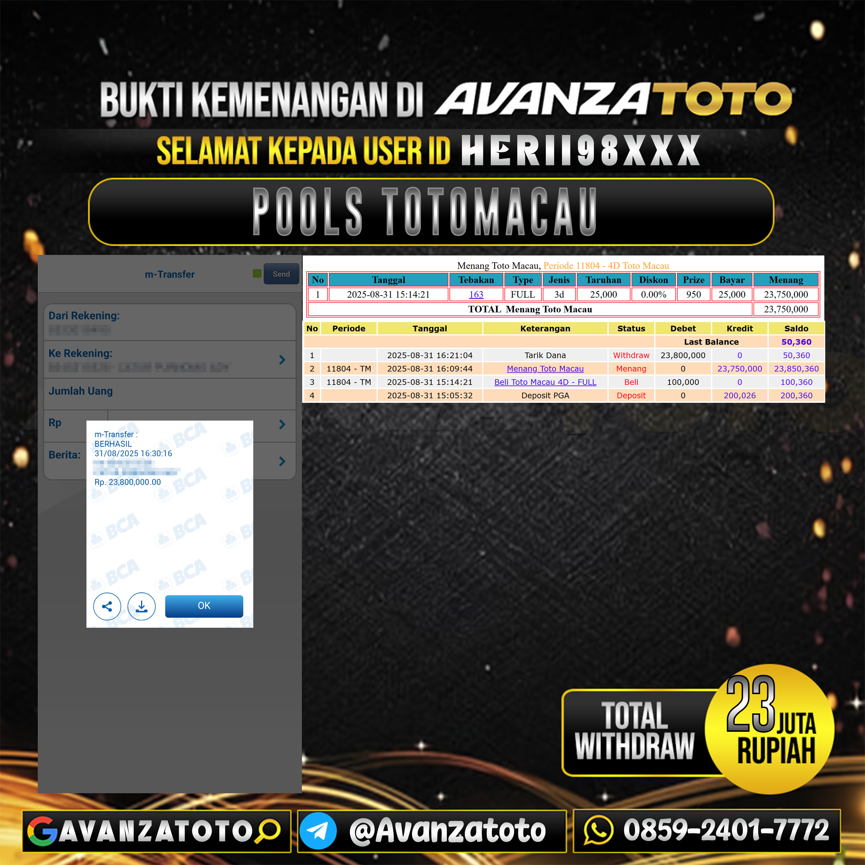 AVANZATOTO JACKPOT TOGEL PASARAN TOTOMACAU-4D Rp.-23.000.000,-LUNAS USER ID: HERII98***