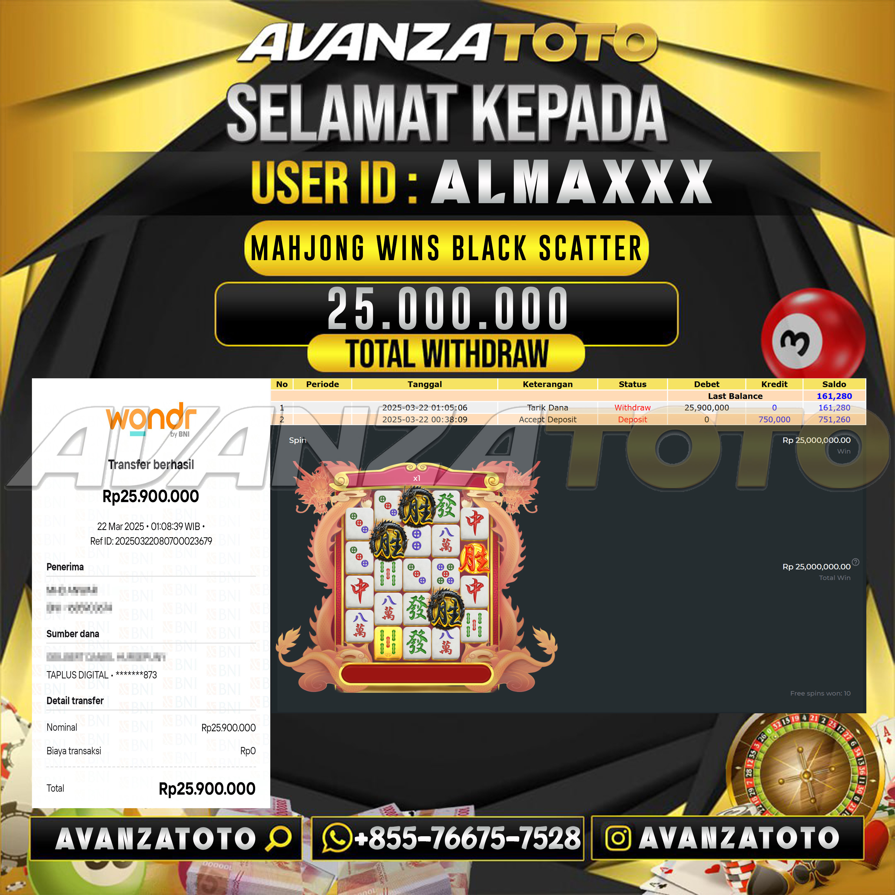 AVANZATOTO JACKPOT SLOT MAHJONG WINS BLACK SCATTER Rp. 25.000.000 ,-LUNAS USER ID: ALMA****