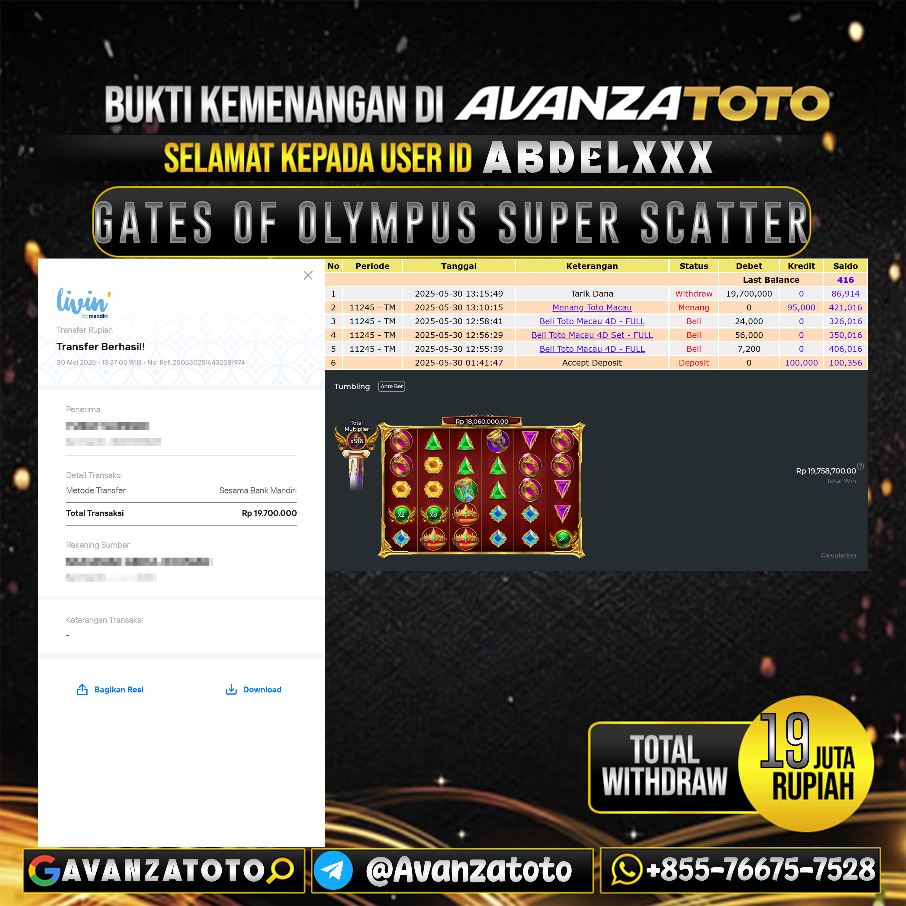 AVANZATOTO JACKPOT SLOT GATES OF OLYMPUS SUPER SCATTERRp.19.000.000,-LUNAS USER ID: ABDEL***