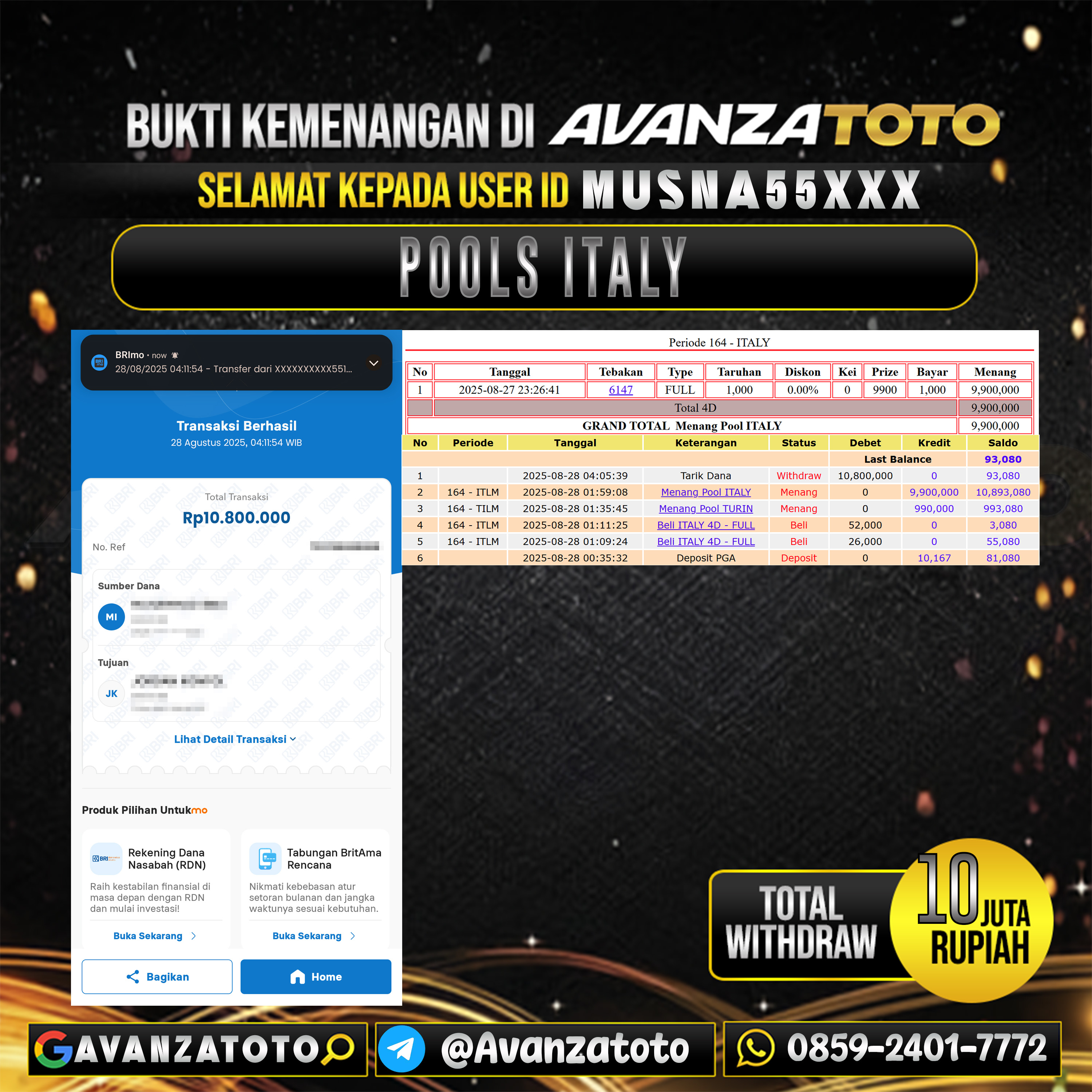 AVANZATOTO JACKPOT TOGEL PASARAN ITALY Rp.-10.000.000,-LUNAS USER ID: MUSNA55***