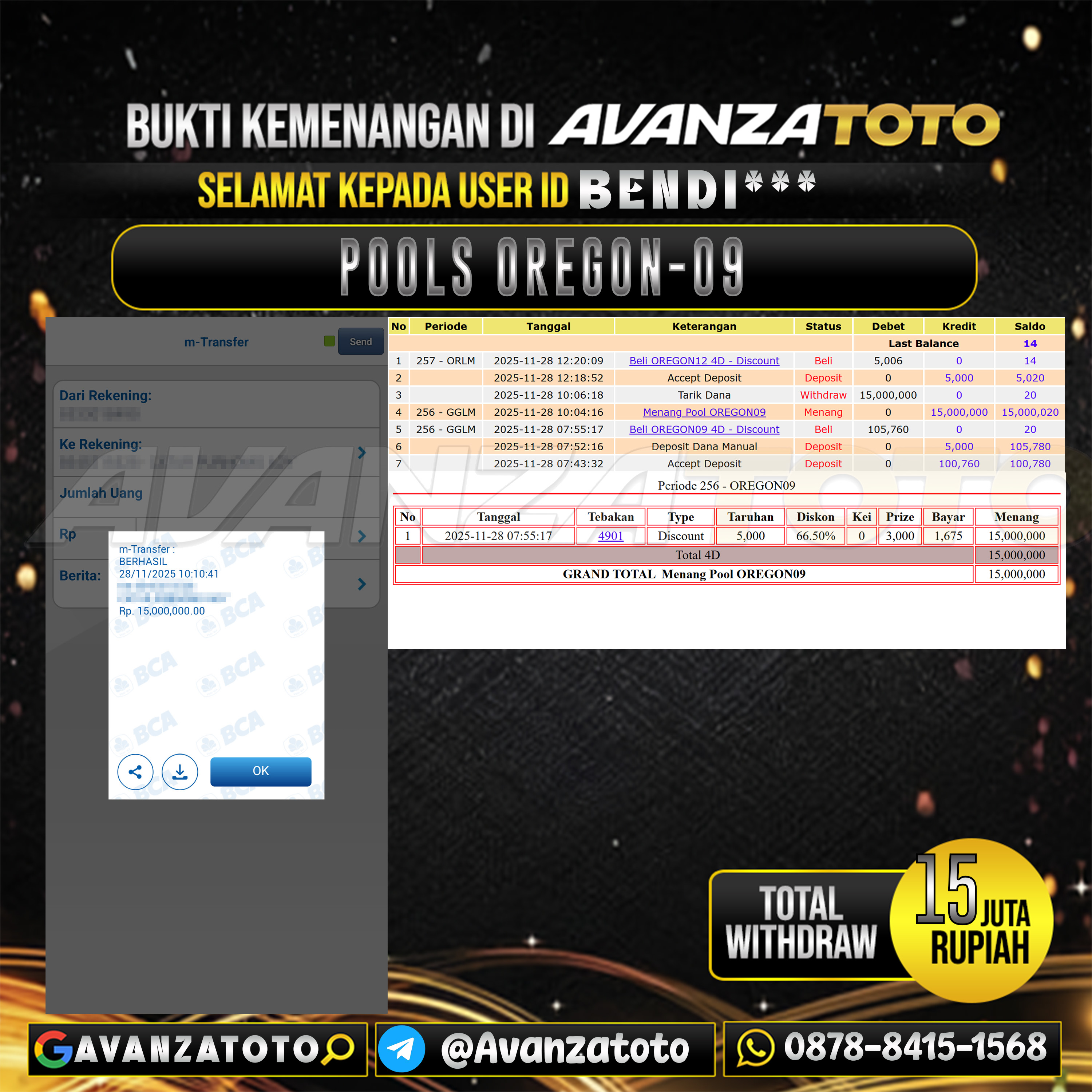 AVANZATOTO JACKPOT TOGEL PASARAN OREGON-09 Rp.15.000.000,-LUNAS USER ID : BENDI***