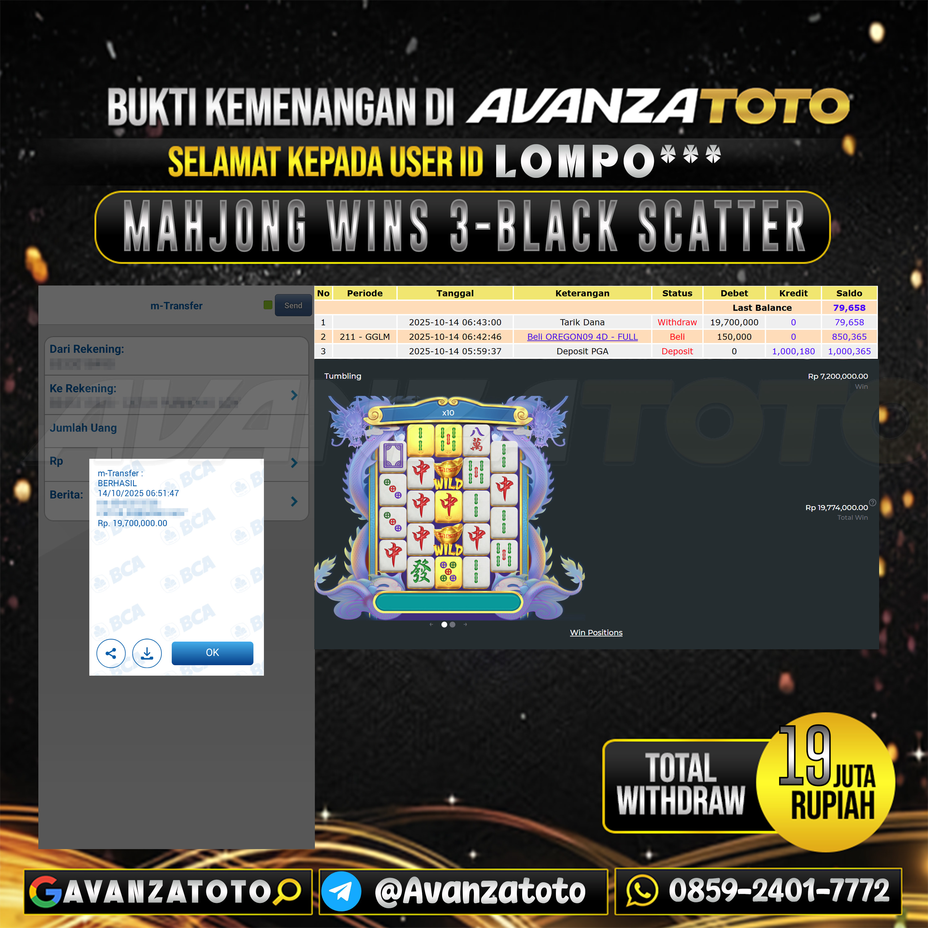 AVANZATOTO JACKPOT SLOT MAHJONG WINS 3-BLACK SCATTER Rp.19.000.000,-LUNAS USER ID : LOMPO***