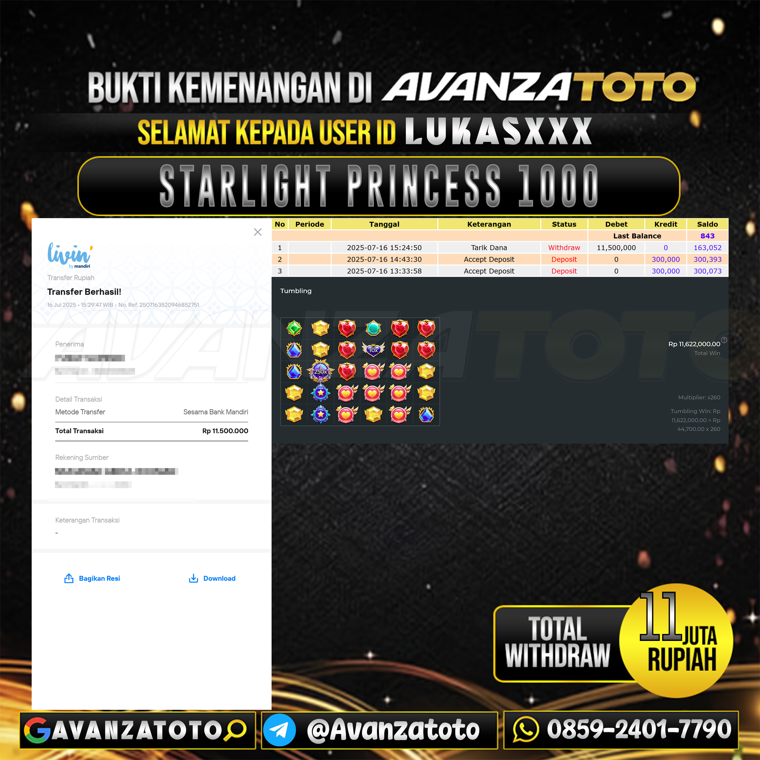 AVANZATOTO JACKPOT SLOT STARLIGHT PRINCESS 1000 Rp.-11.000.000,-LUNAS USER ID: LUKAS***