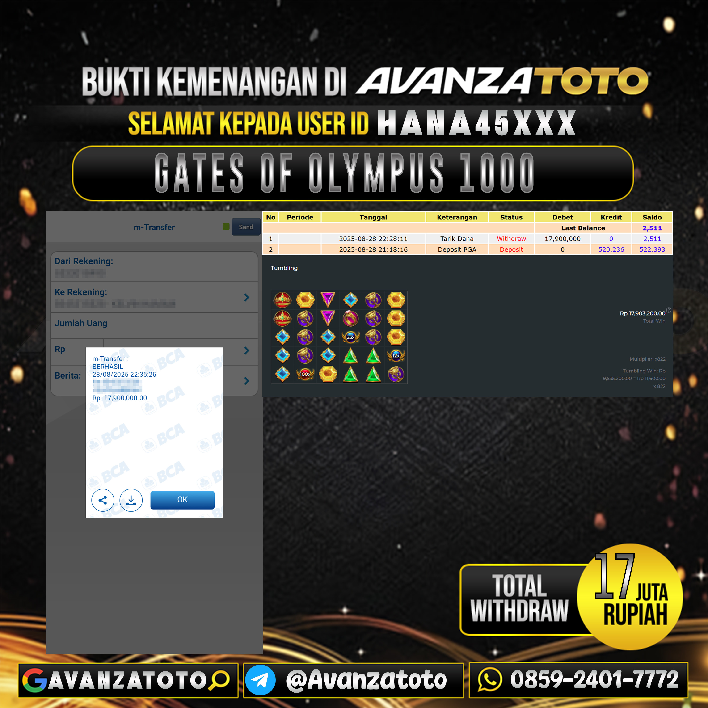 AVANZATOTO JACKPOT SLOT GATES OF OLYMPUS 1000 Rp.-17.000.000,-LUNAS USER ID: HANA45***