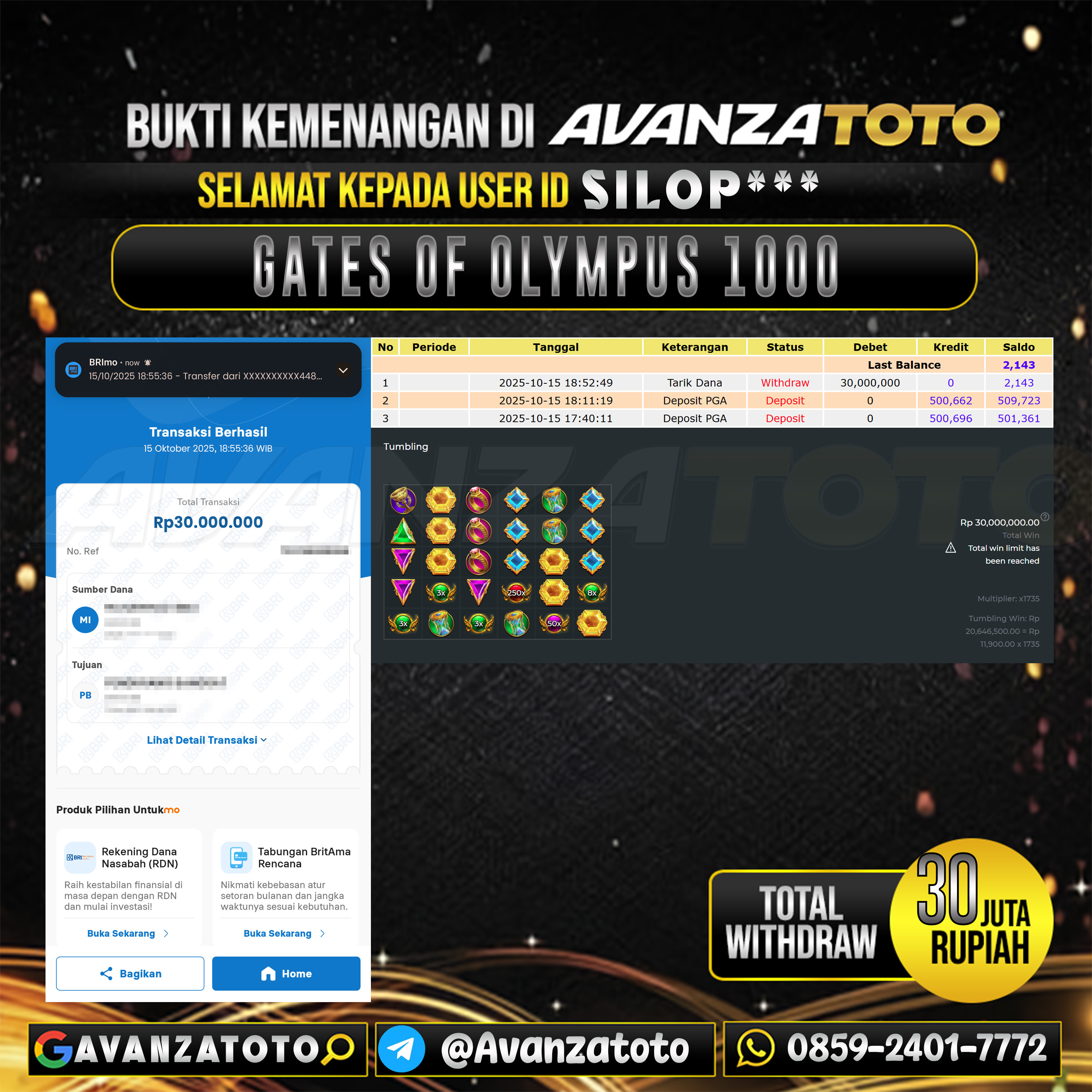 AVANZATOTO JACKPOT SLOT GATES OF OLYMPUS 1000 Rp.30.000.000,-LUNAS USER ID : SILOP***