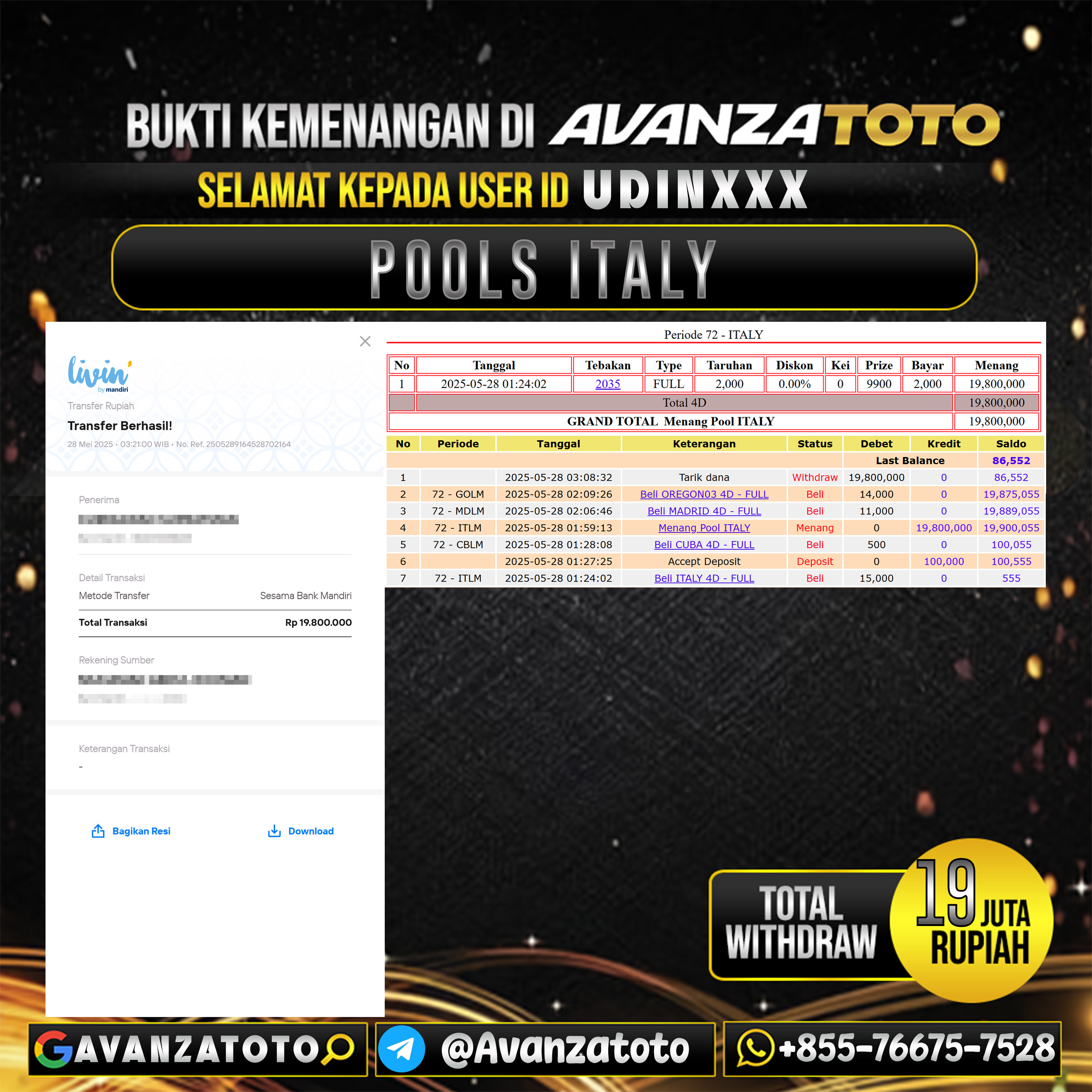 AVANZATOTO JACKPOT TOGEL PASARAN ITALY Rp.19.000.000,-LUNAS USER ID: UDIN***
