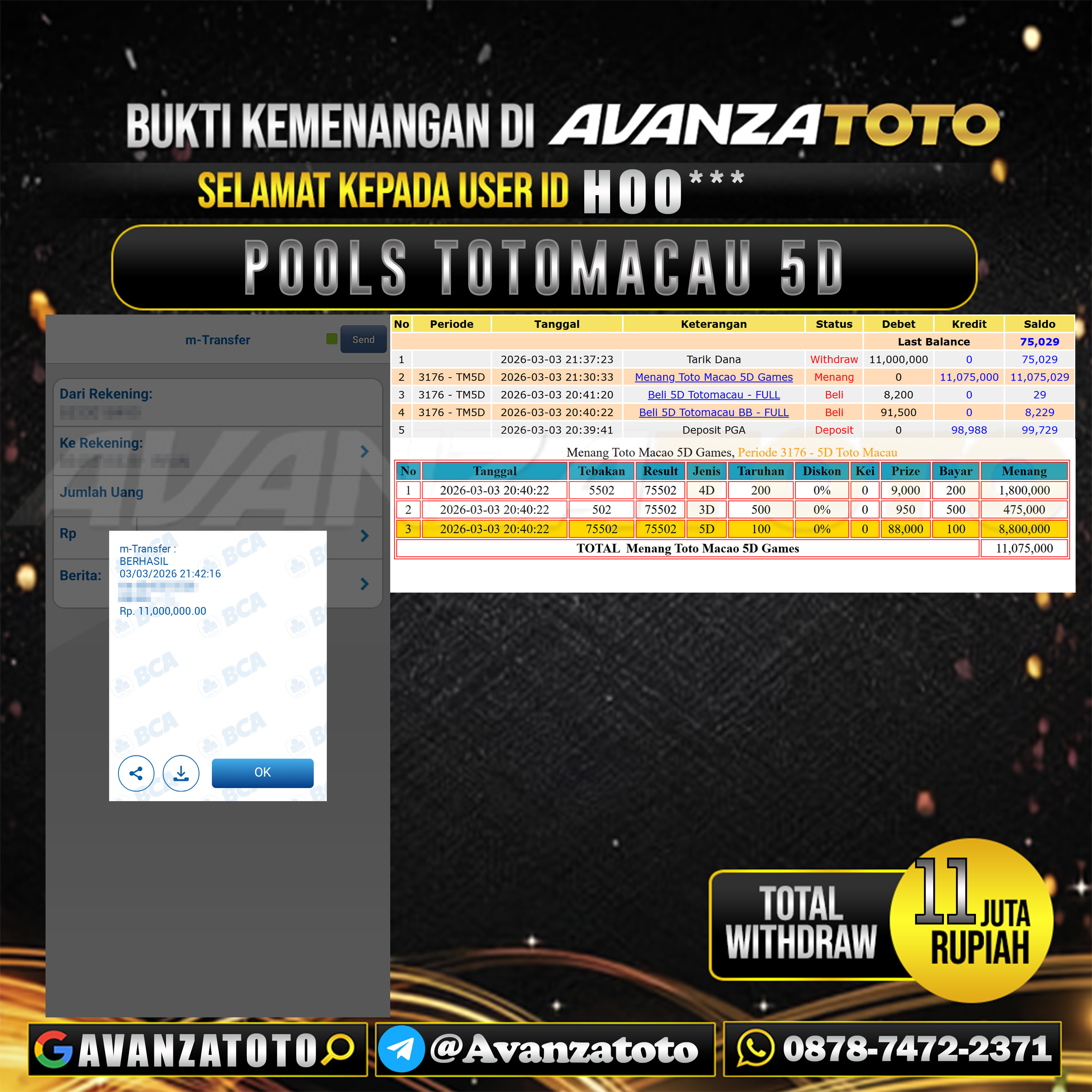 AVANZATOTO JACKPOT TOGEL PASARAN TOTOMACAU 5D Rp.11.000.000,-LUNAS USER ID : HOO*** 