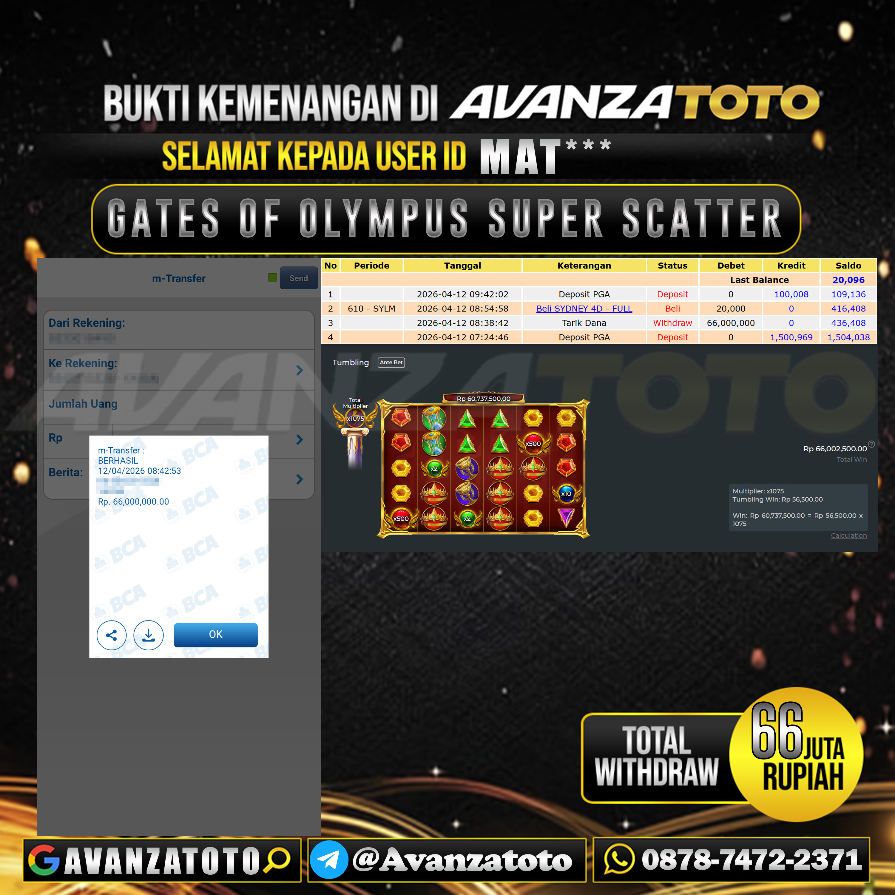 AVANZATOTO JACKPOT SLOT GATES OF OLYMPUS SUPER SCATTER Rp.66.000.000,-LUNAS USER ID : MAT*** 