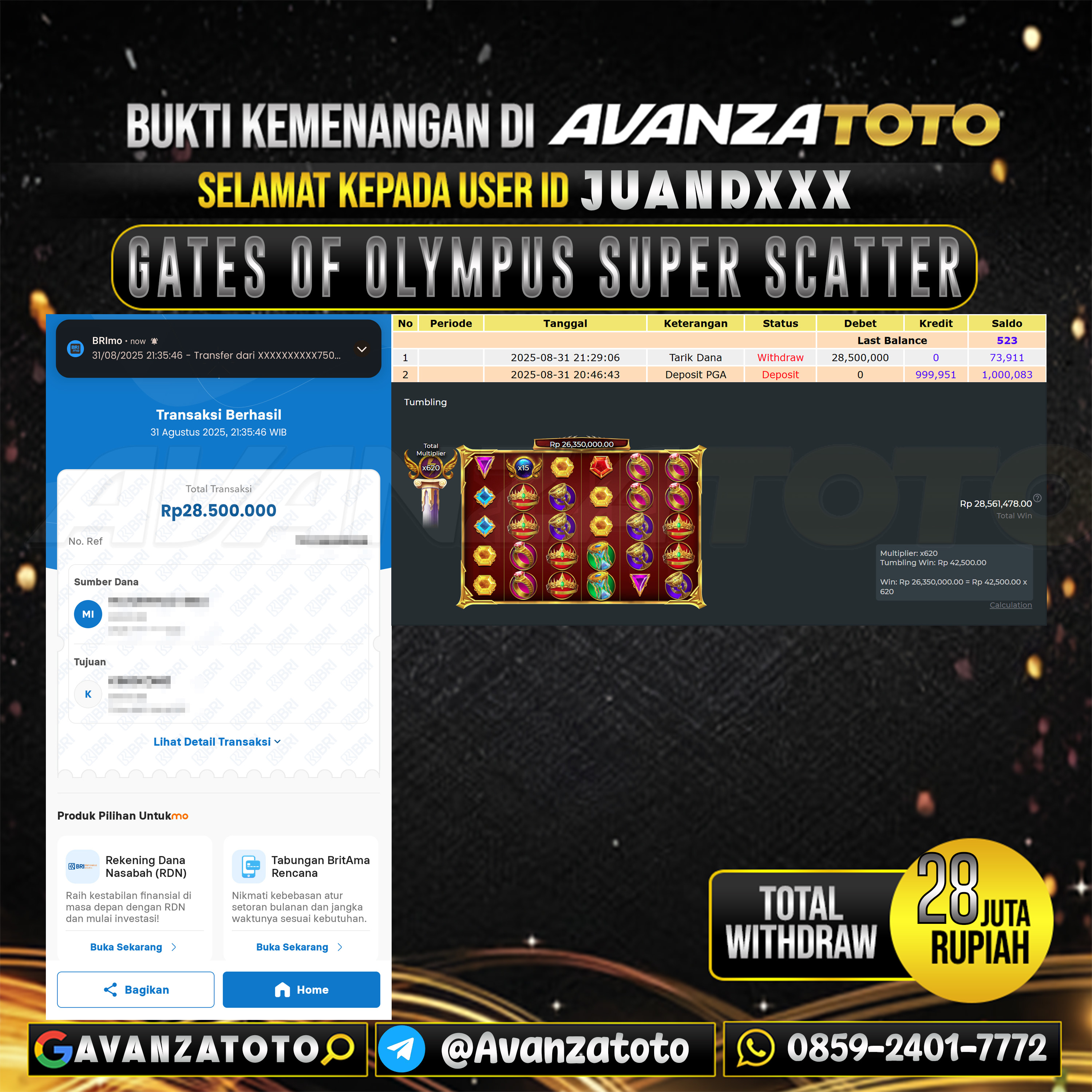 AVANZATOTO JACKPOT SLOT GATES OF OLYMPUS SUPER SCATTER Rp.-28.000.000,-LUNAS USER ID: JUAND***