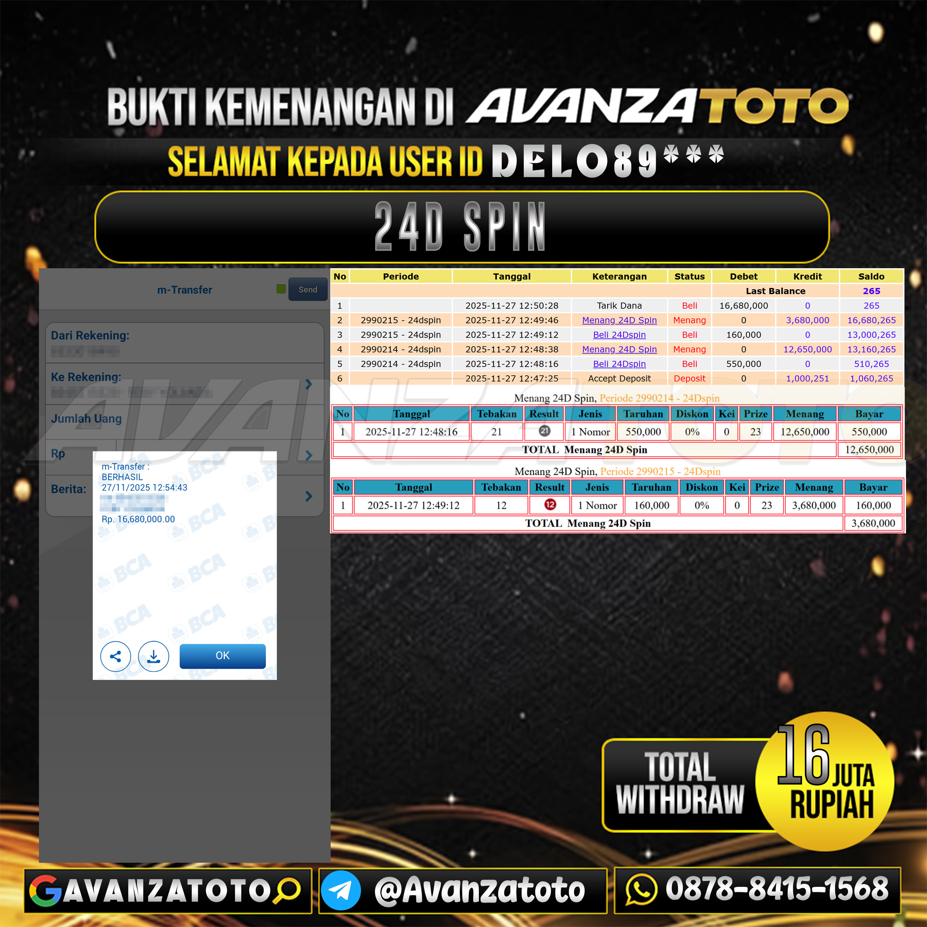 AVANZATOTO JACKPOT SLOT 24D SPIN Rp.16.000.000,-LUNAS USER ID : DELO89***