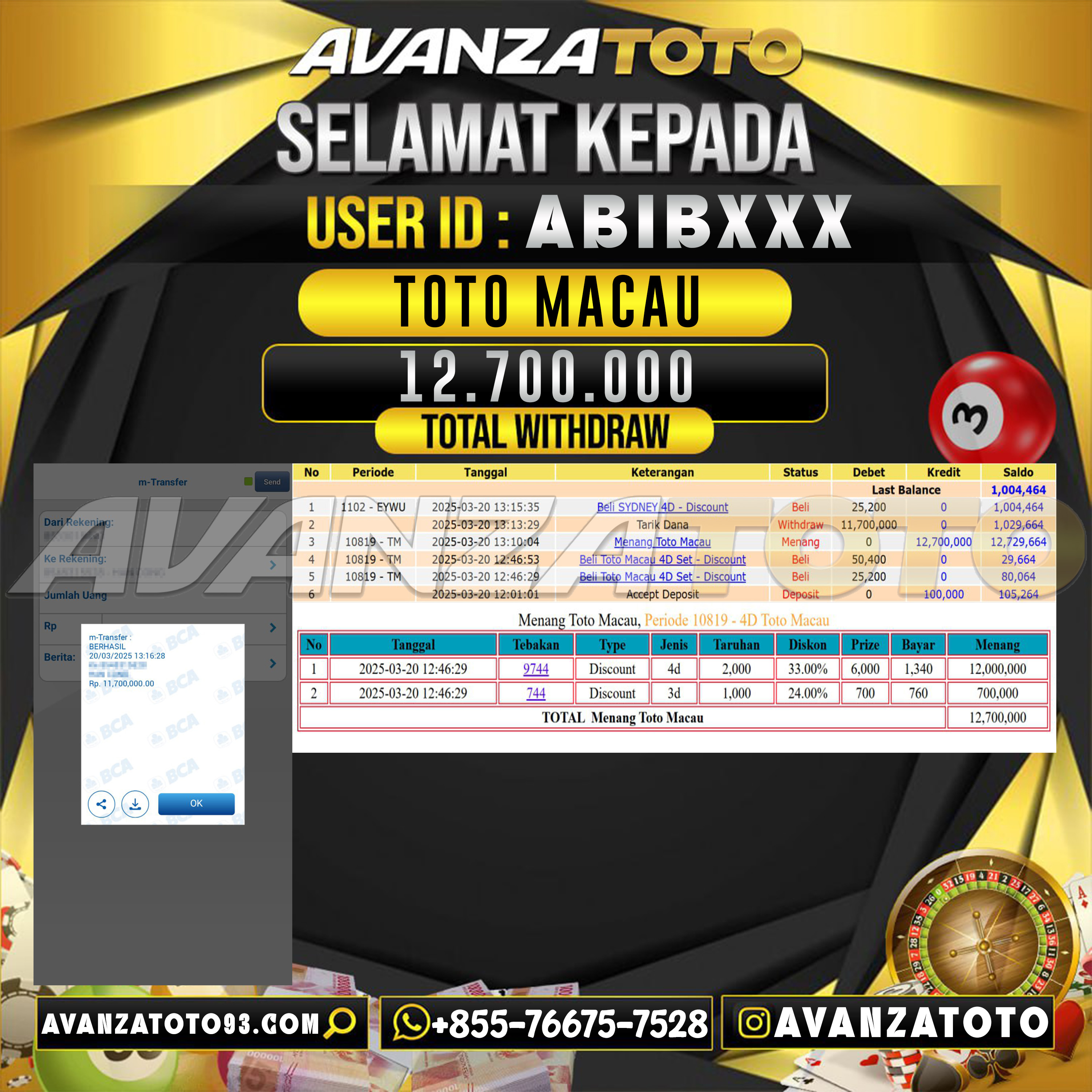 AVANZATOTO JACKPOT TOGEL PASARAN TOTO MACAU Rp. 12.700.000 ,-LUNAS USER ID: ABIB***