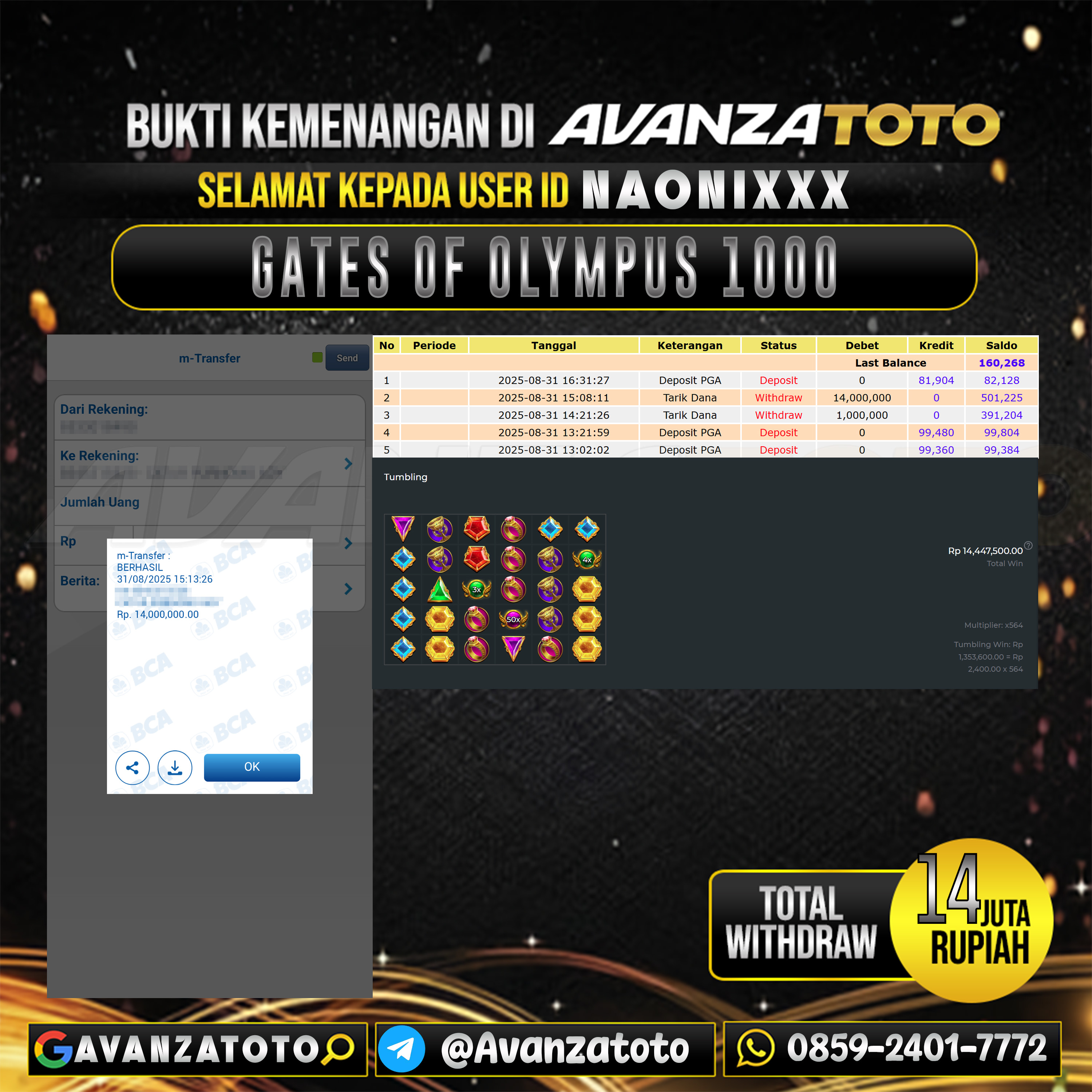 AVANZATOTO JACKPOT SLOT GATES OF OLYMPUS 1000 Rp.-14.000.000,-LUNAS USER ID: NAONI***