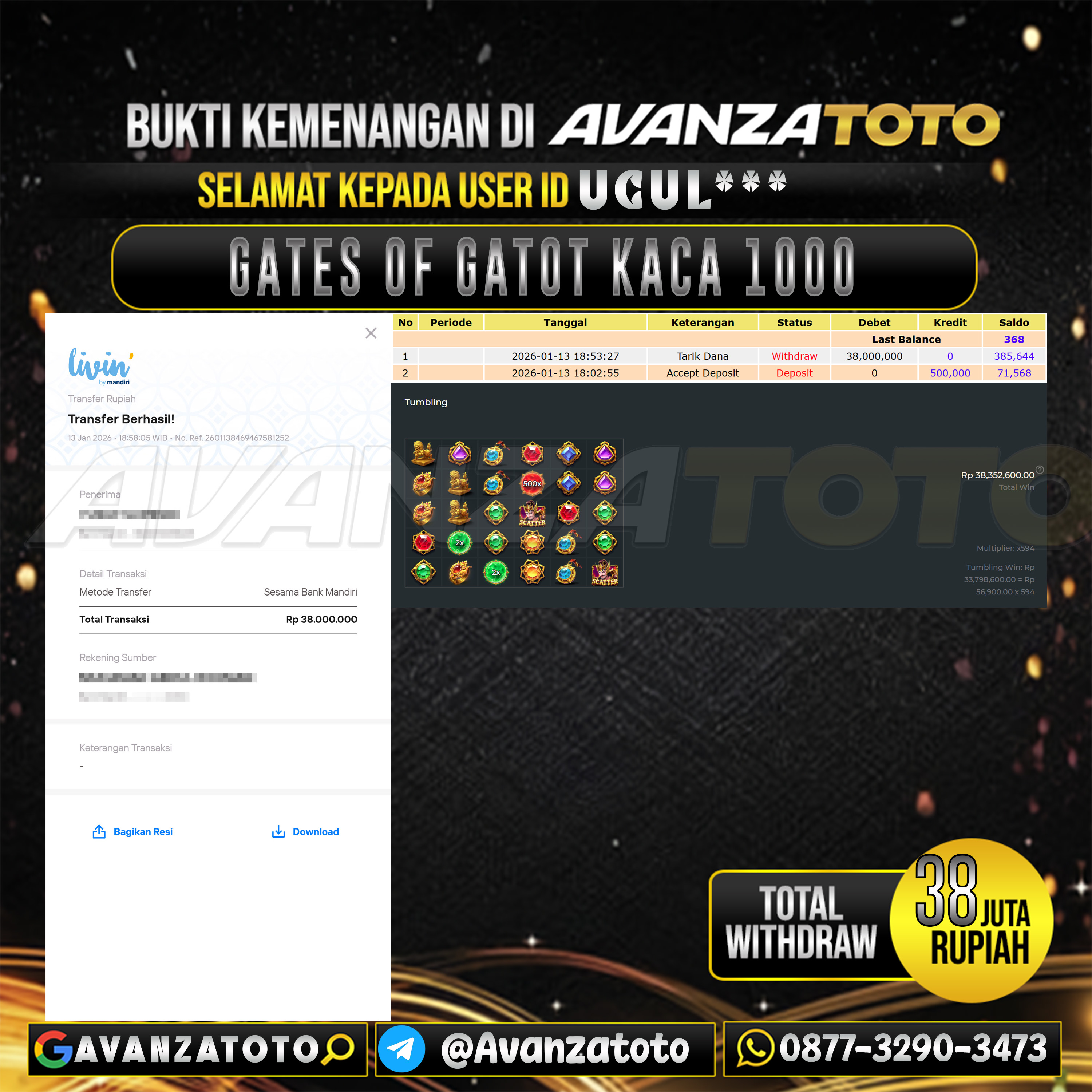AVANZATOTO JACKPOT SLOT GATES OF GATOT KACA 1000 Rp.38.000.000,-LUNAS USER ID : UCUL***