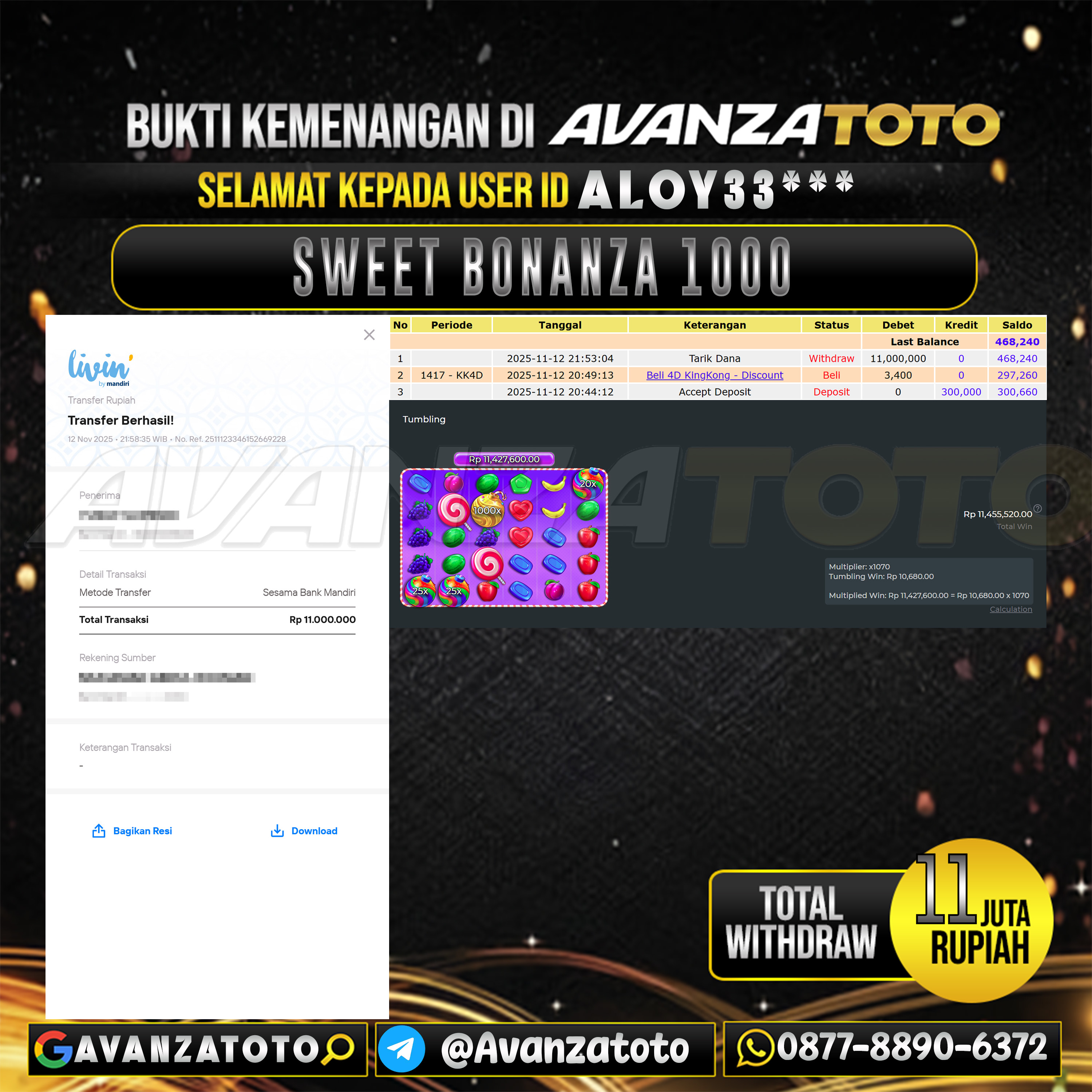 AVANZATOTO JACKPOT SLOT SWEET BONANZA 1000 Rp.11.000.000,-LUNAS USER ID: ALOY133***