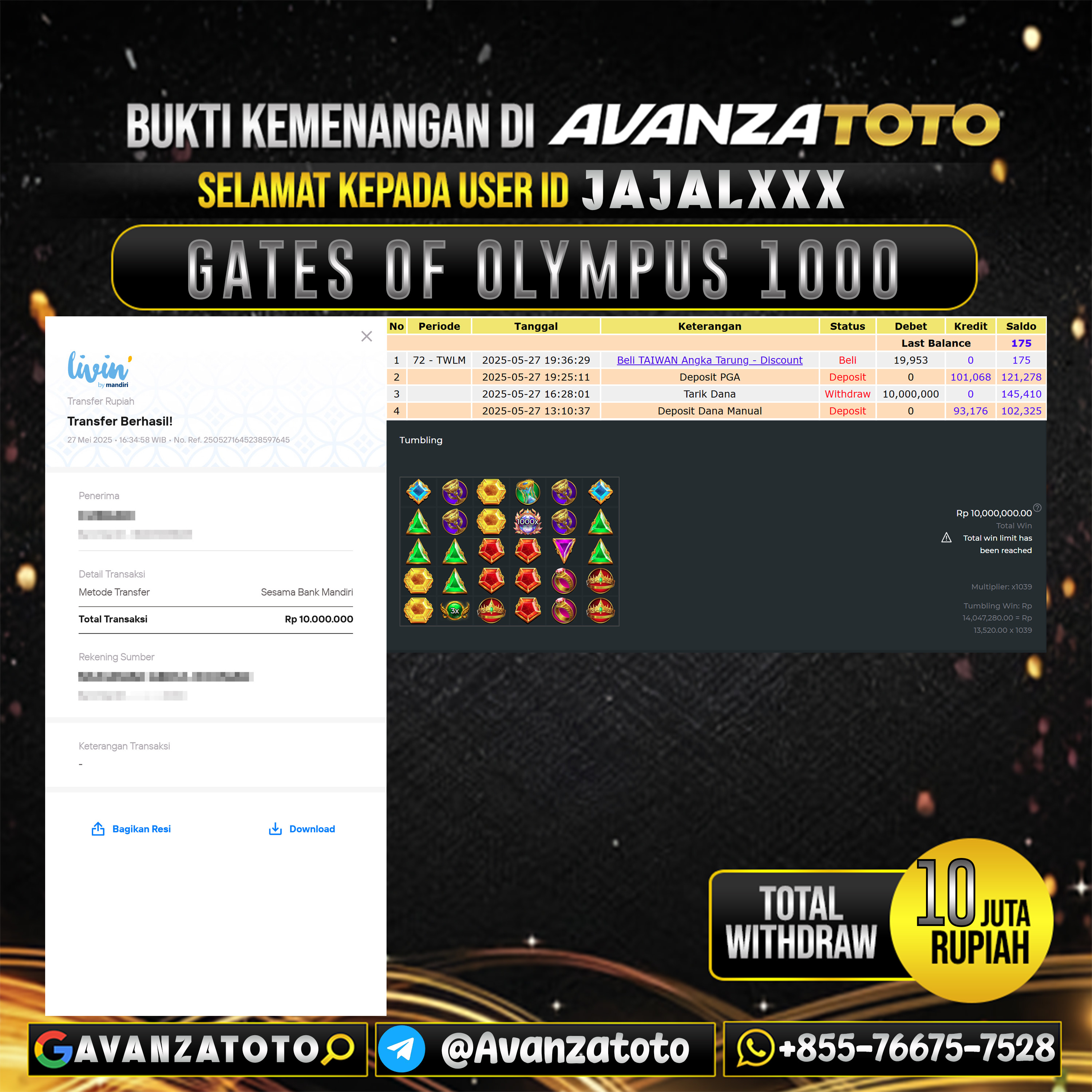 AVANZATOTO JACKPOT SLOT GATES OF OLYMPUS 1000 Rp.10.000.000,-LUNAS USER ID: JAJAL***