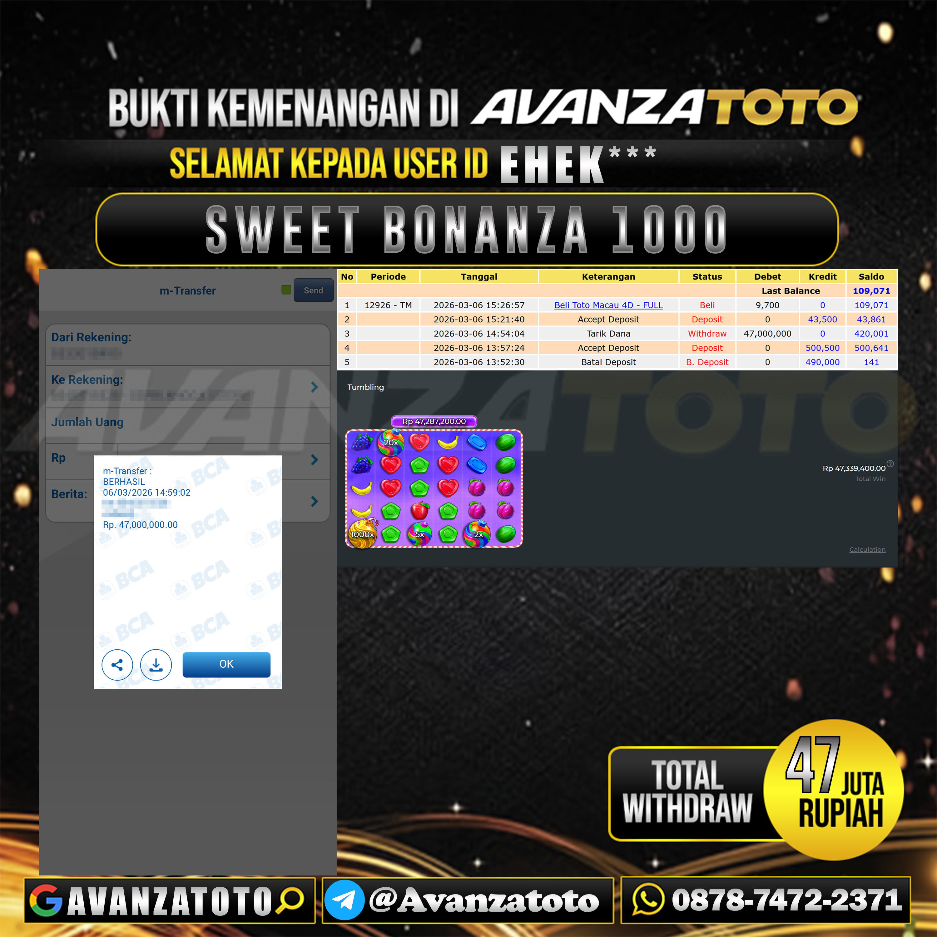 AVANZATOTO JACKPOT SLOT SWEET BONANZA 1000 Rp.47.000.000,-LUNAS USER ID : EHEK*** 
