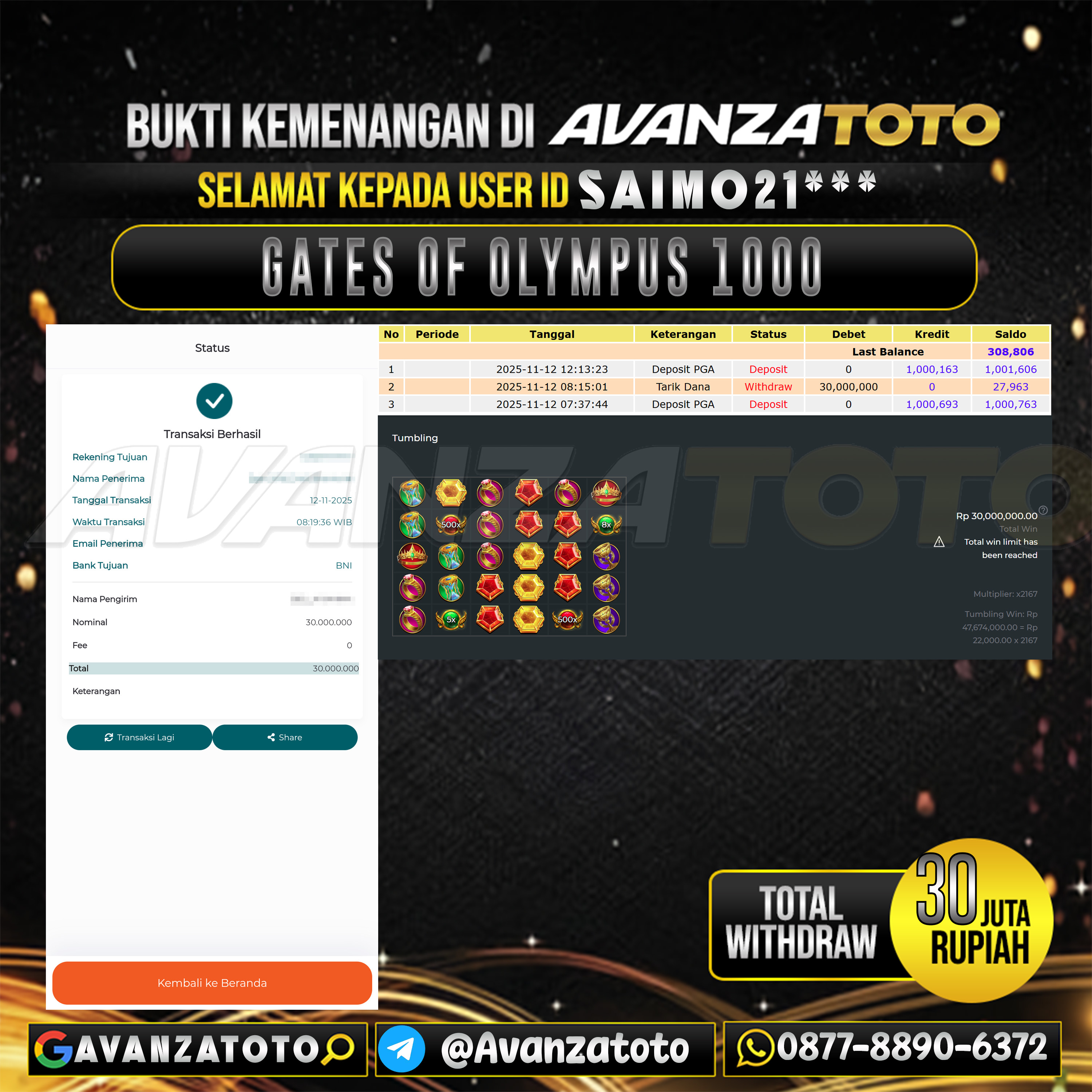 AVANZATOTO JACKPOT SLOT GATES OF OLYMPUS 1000 Rp.30.000.000,-LUNAS USER ID: SAIMO21***