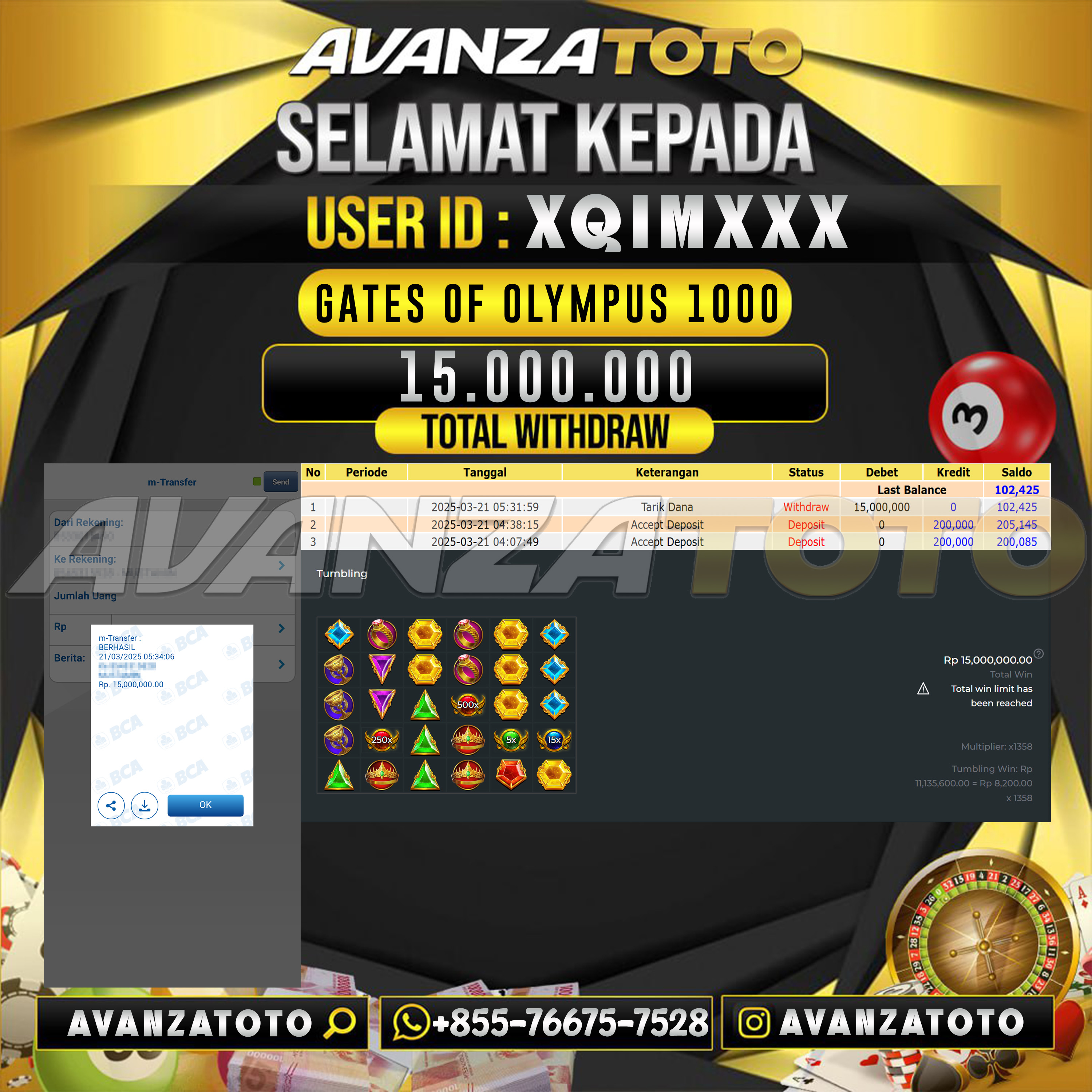 AVANZATOTO JACKPOT SLOT GATES OF OLYMPUS 1000 Rp. 15.000.000 ,-LUNAS USER ID: XQIM***