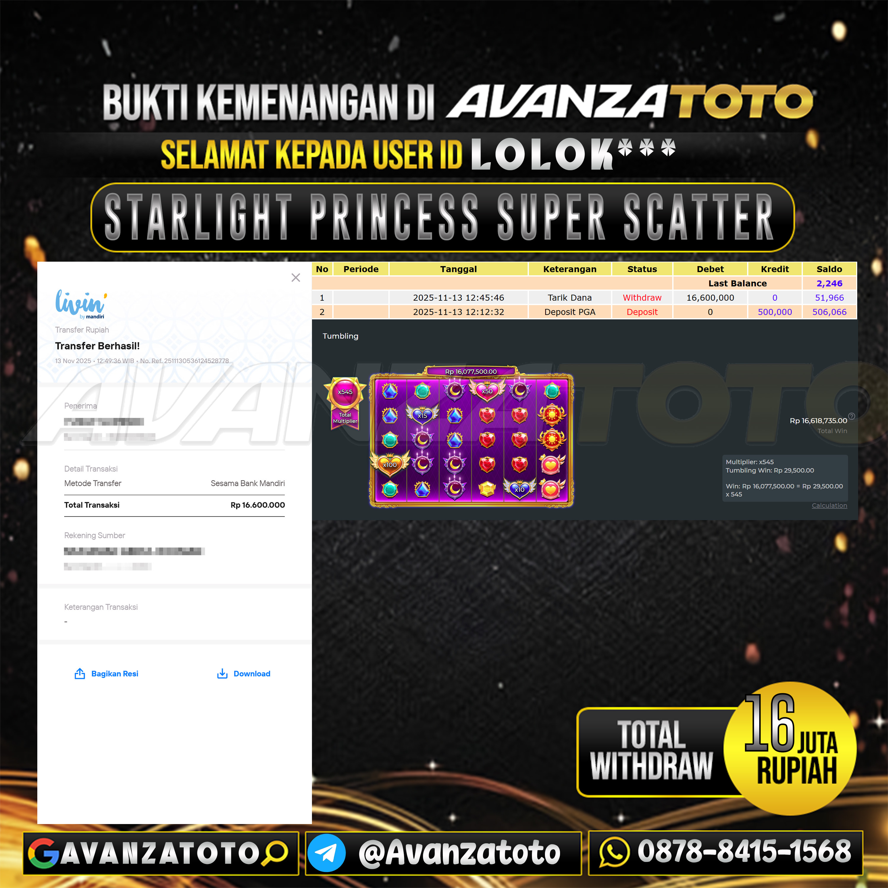 AVANZATOTO JACKPOT SLOT STARLIGHT PRINCESS SUPER SCATTER Rp.16.000.000,-LUNAS USER ID: LOLOK***