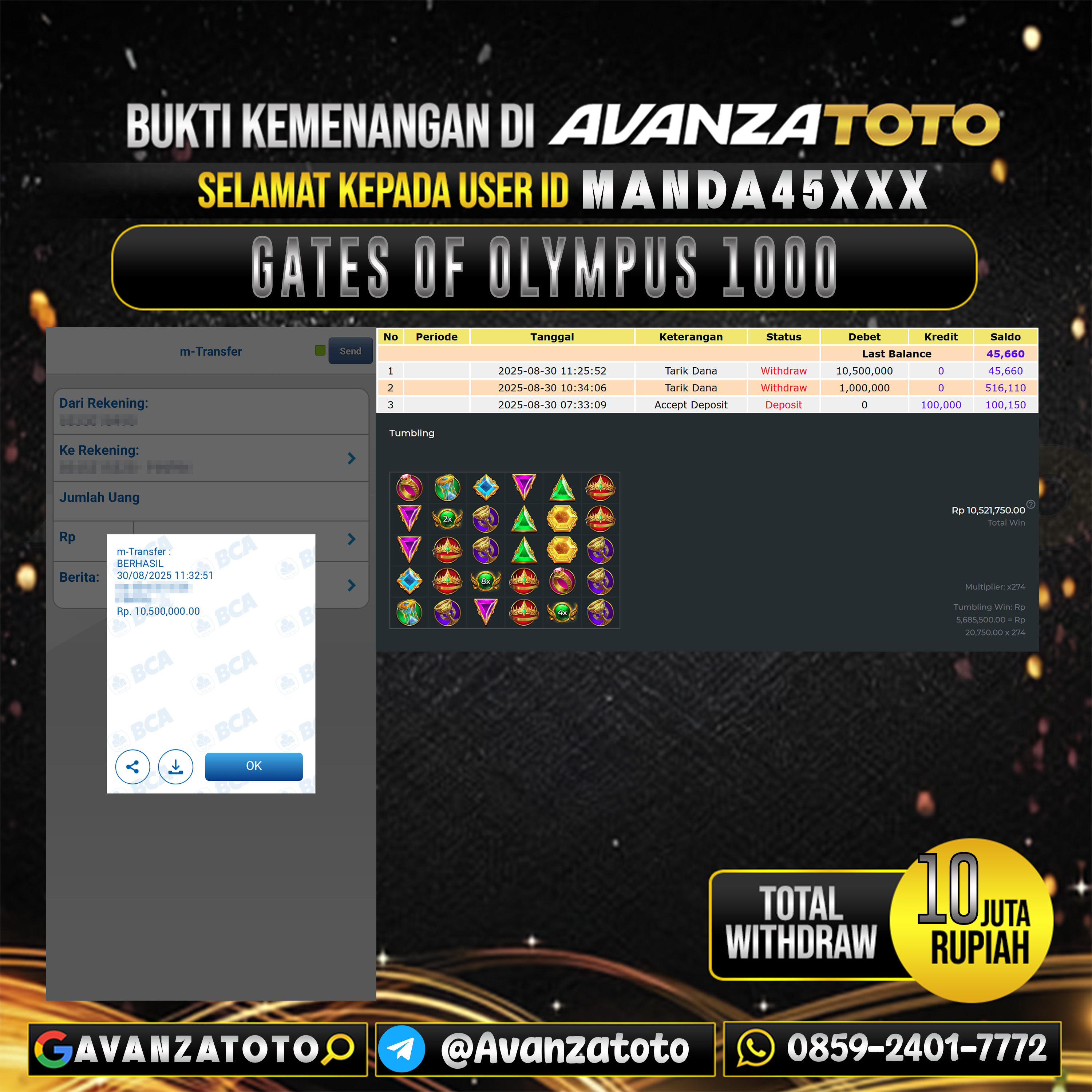 AVANZATOTO JACKPOT SLOT GATES OF OLYMPUS 1000 Rp.-10.000.000,-LUNAS USER ID: MANDA45***