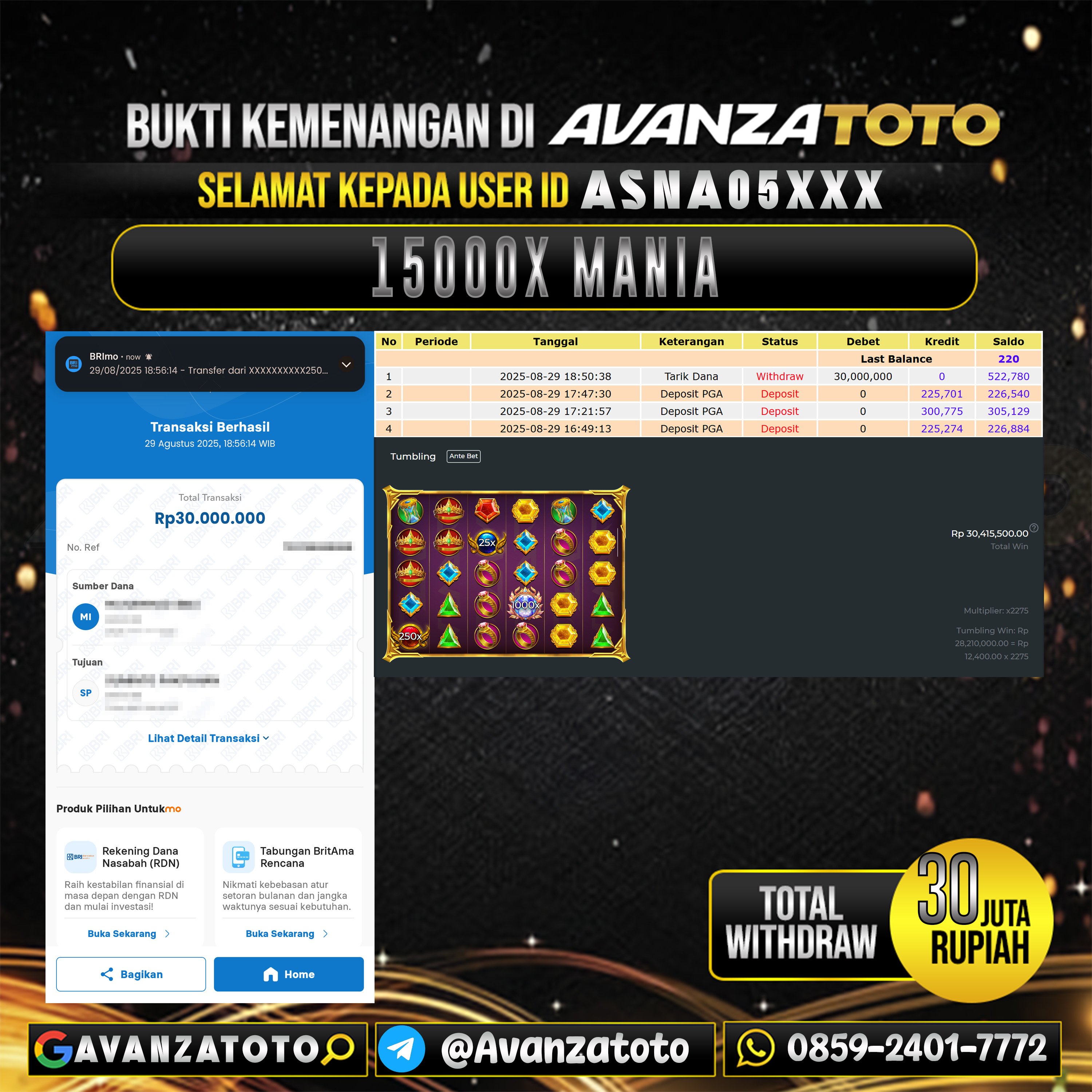 AVANZATOTO JACKPOT SLOT 15000X MANIA Rp.-30.000.000,-LUNAS USER ID: ASNA05***