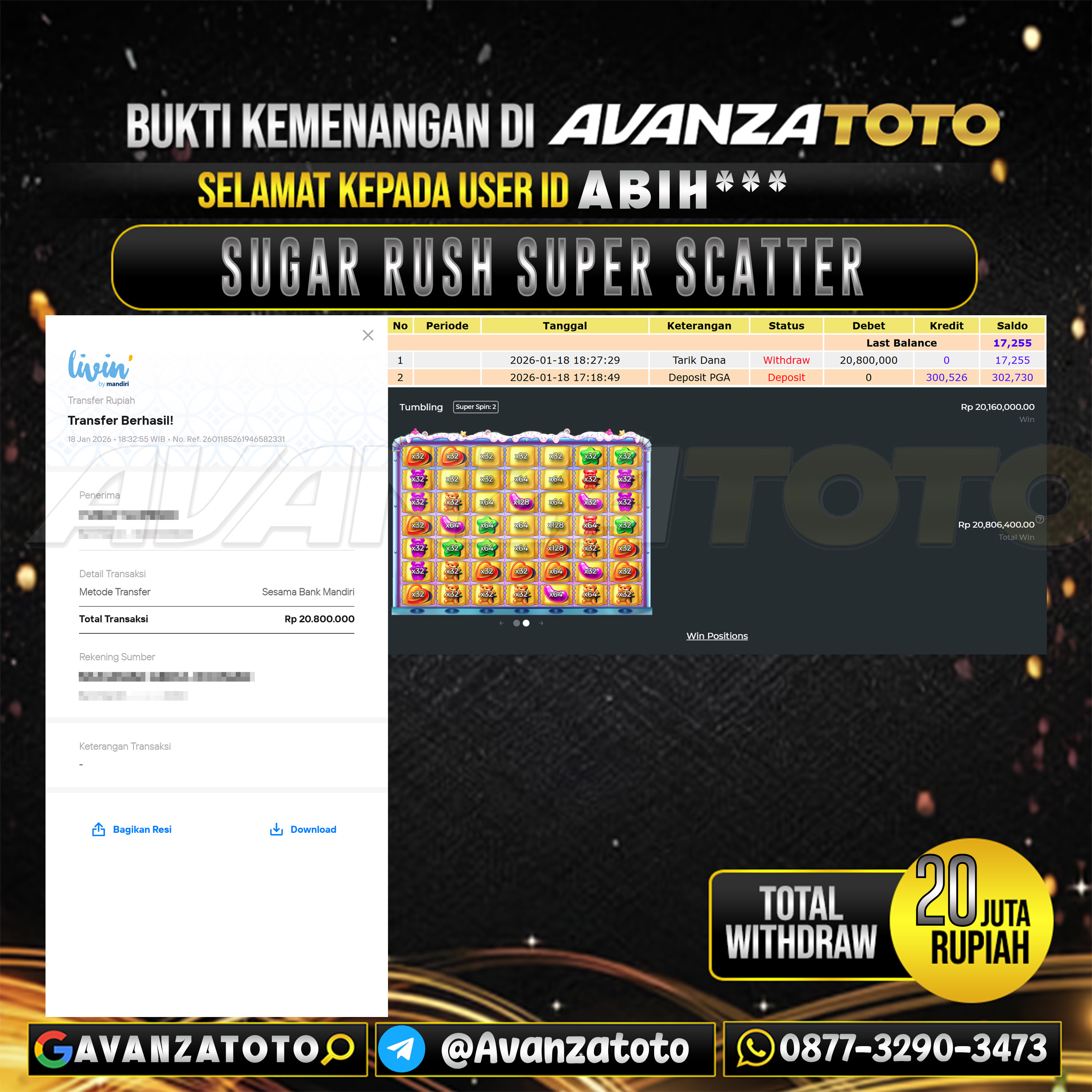AVANZATOTO JACKPOT SLOT SUGAR RUSH SUPER SCATTER Rp.20.000.000,-LUNAS USER ID : ABIH***