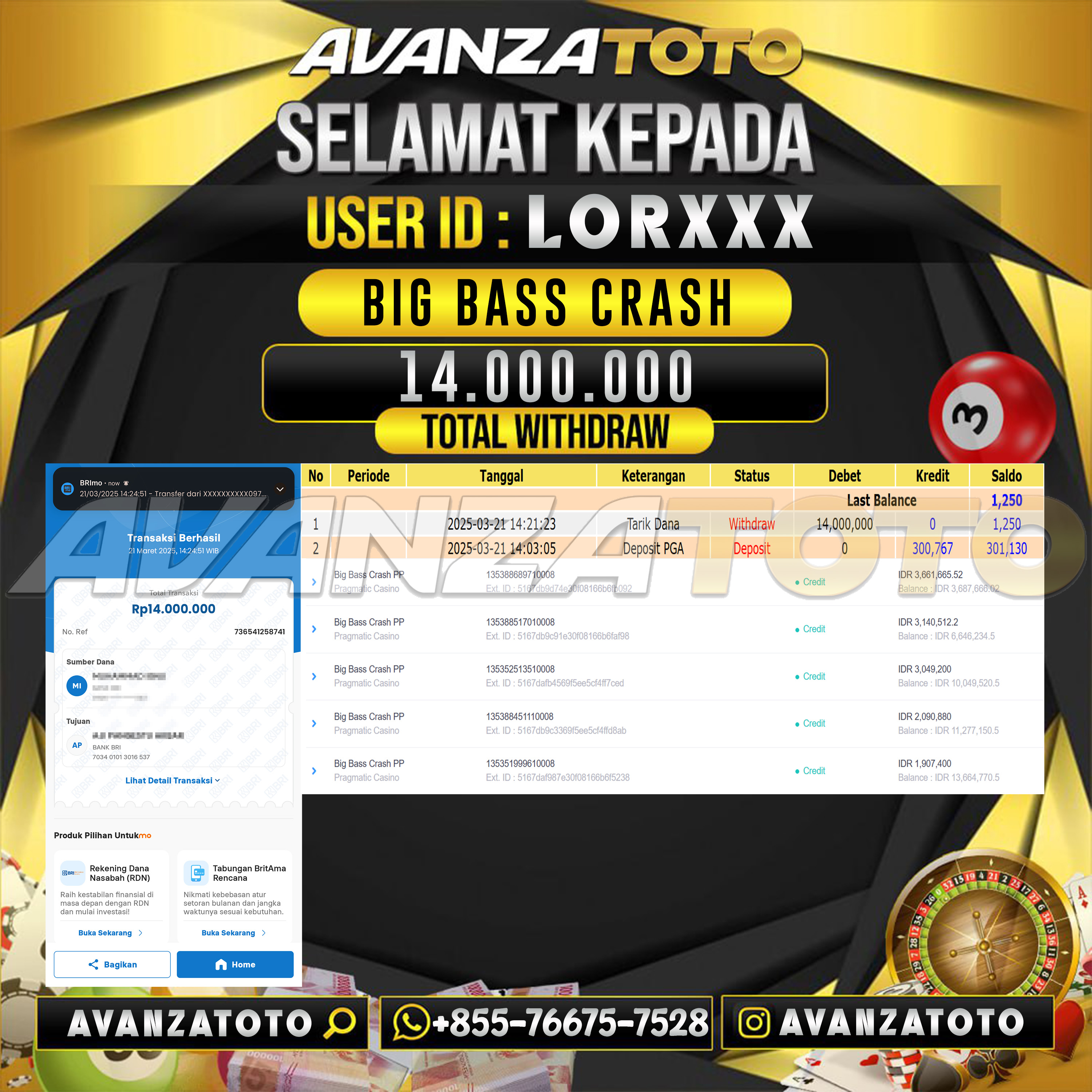 AVANZATOTO JACKPOT LIVE GAMES BIG BASS CRASH Rp. 14.000.000 ,-LUNAS USER ID: LOR****