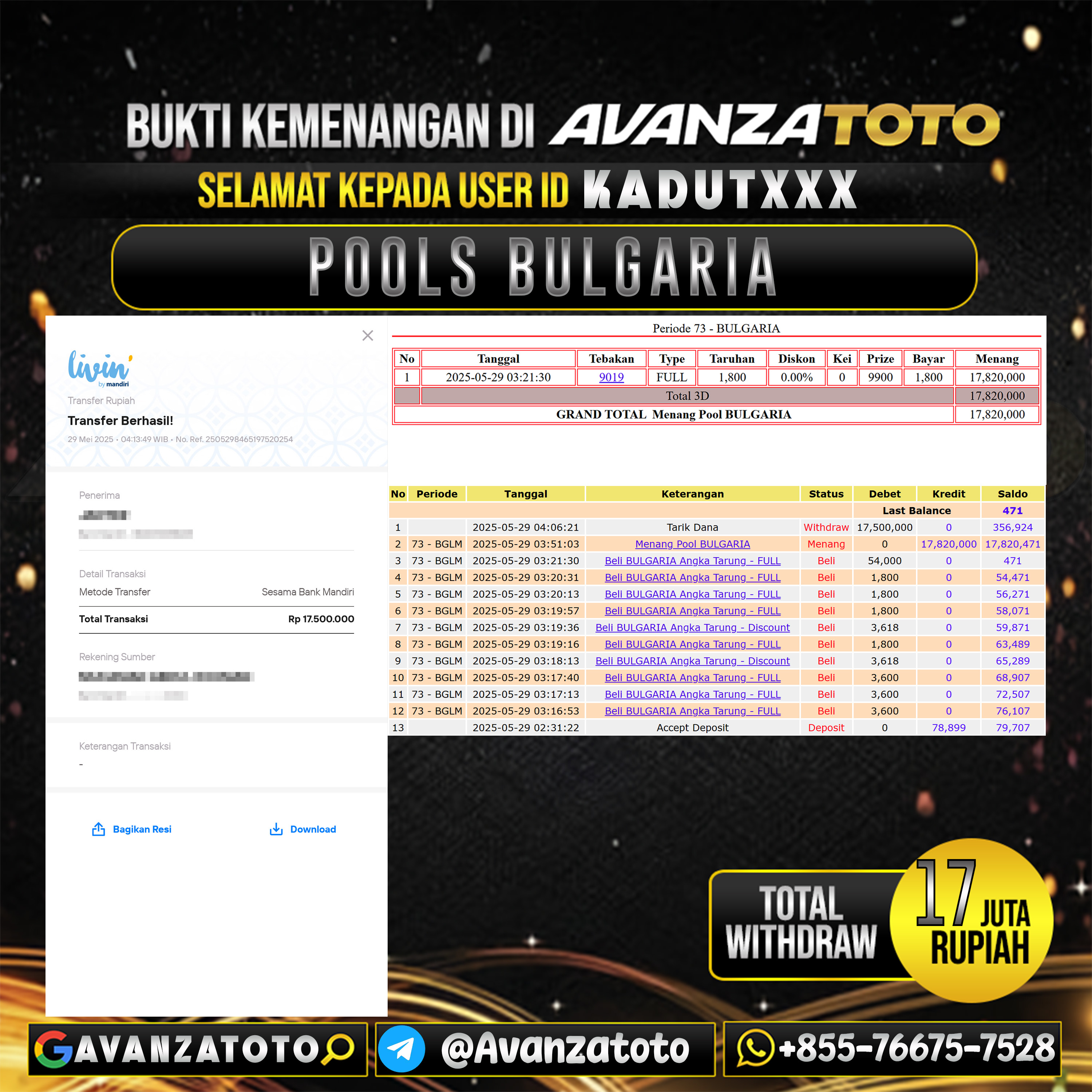 AVANZATOTO JACKPOT TOGEL PASARAN BULGARIA Rp.17.000.000,-LUNAS USER ID: KADUT***