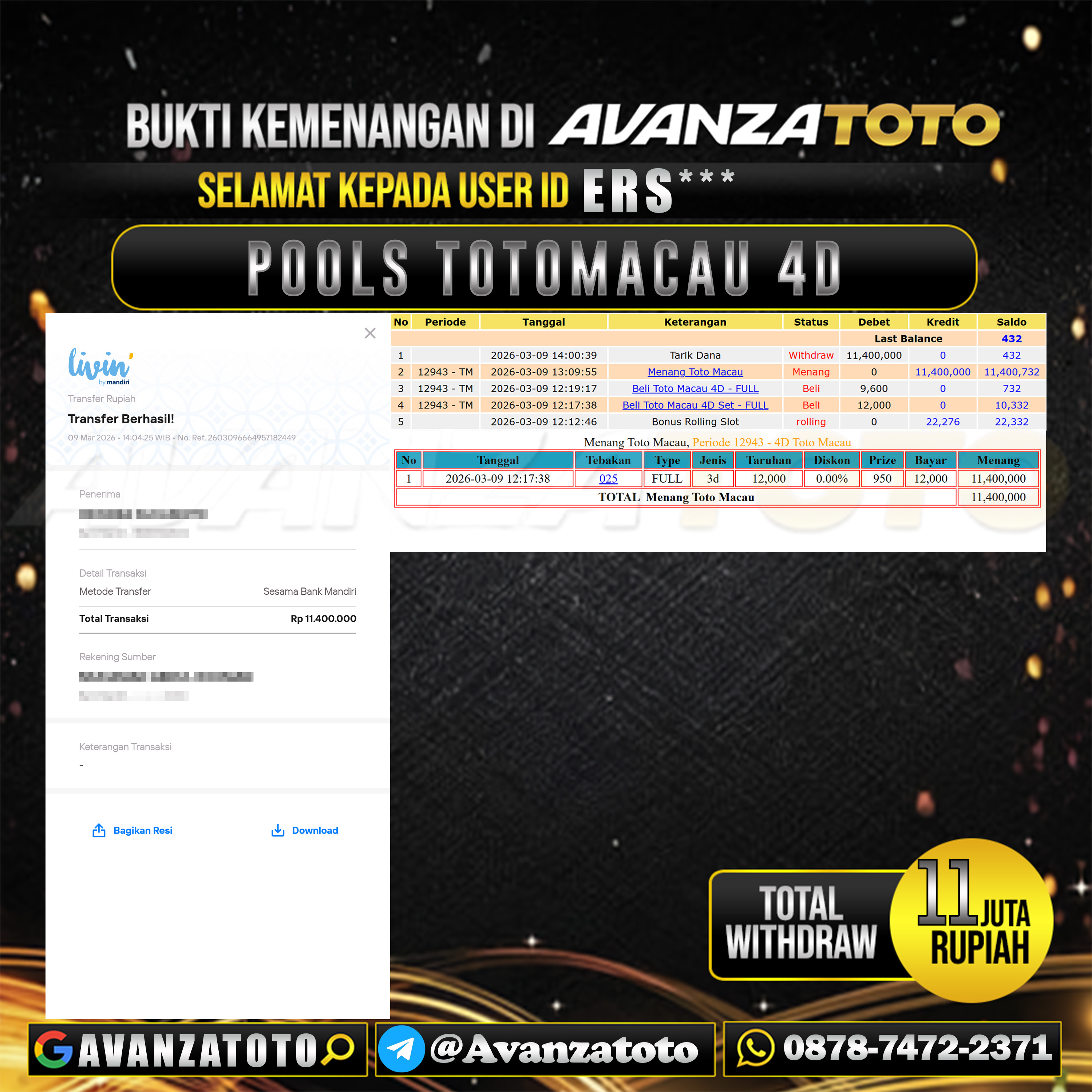 AVANZATOTO JACKPOT TOGEL PASARAN TOTOMACAU 4D Rp.11.000.000,-LUNAS USER ID : ERS*** 