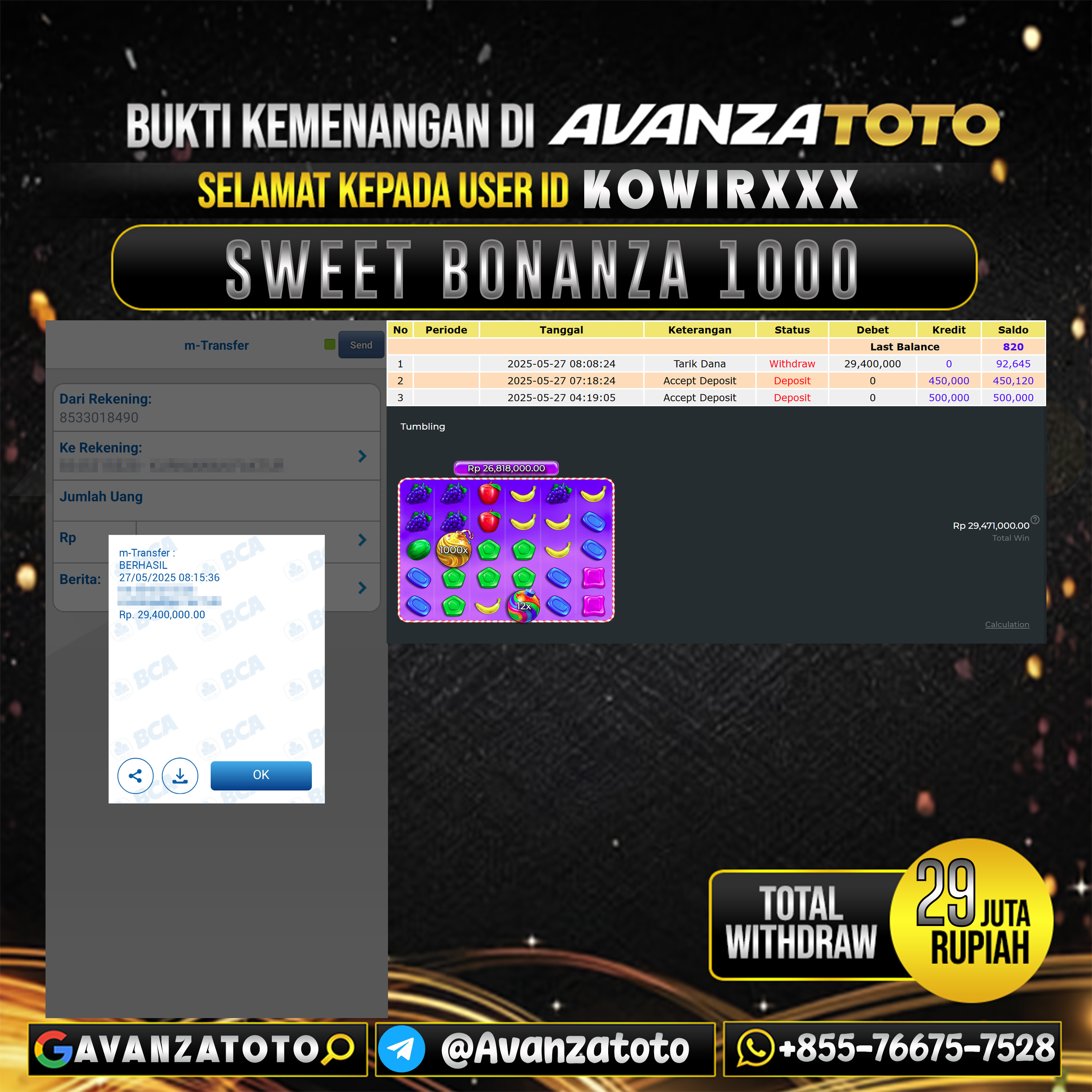 AVANZATOTO JACKPOT SLOT SWEET BONANZA 1000 Rp.29.000.000,-LUNAS USER ID: KOWIR***