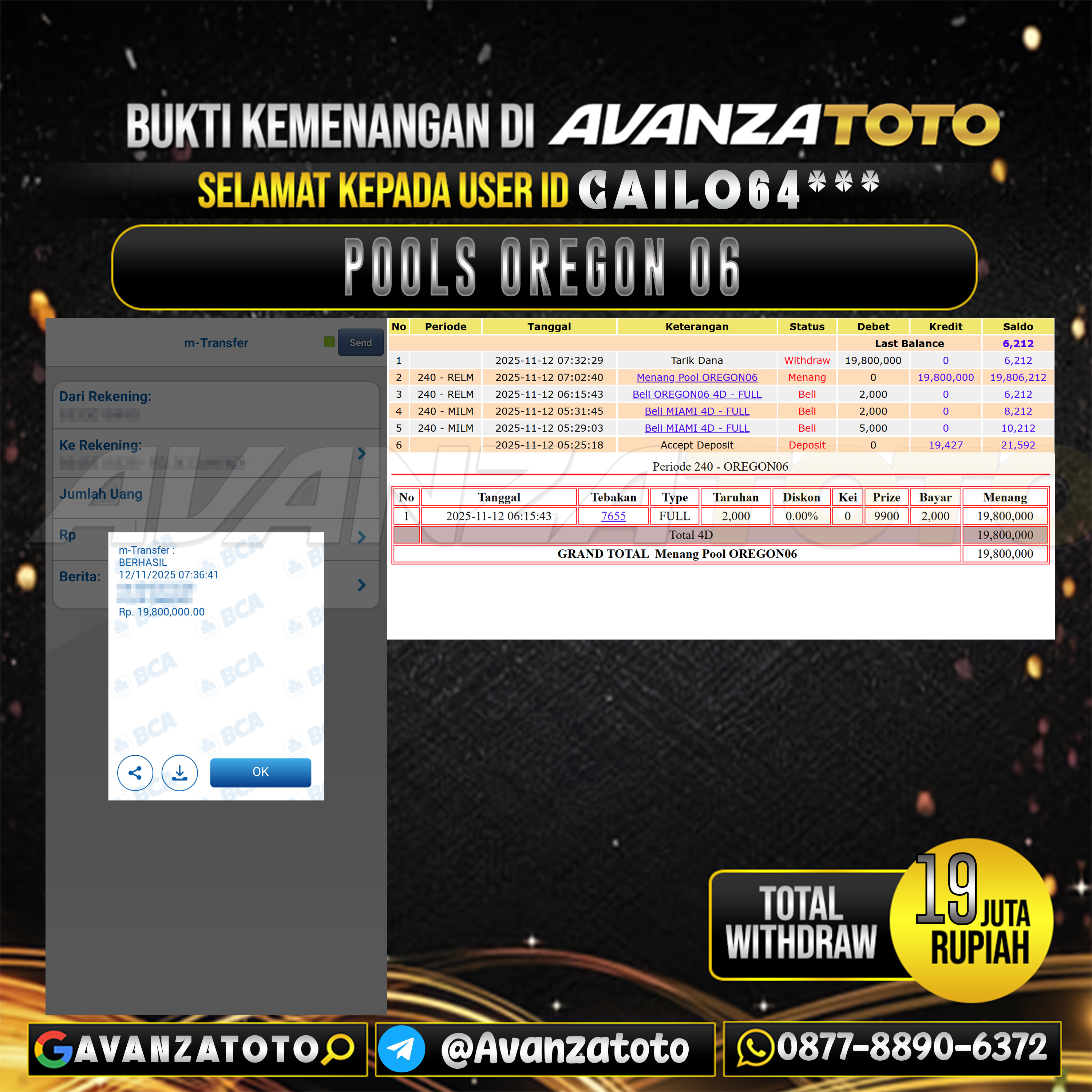 AVANZATOTO JACKPOT TOGEL PASARAN OREGON 06 Rp.19.000.000,-LUNAS USER ID: CAILO64***