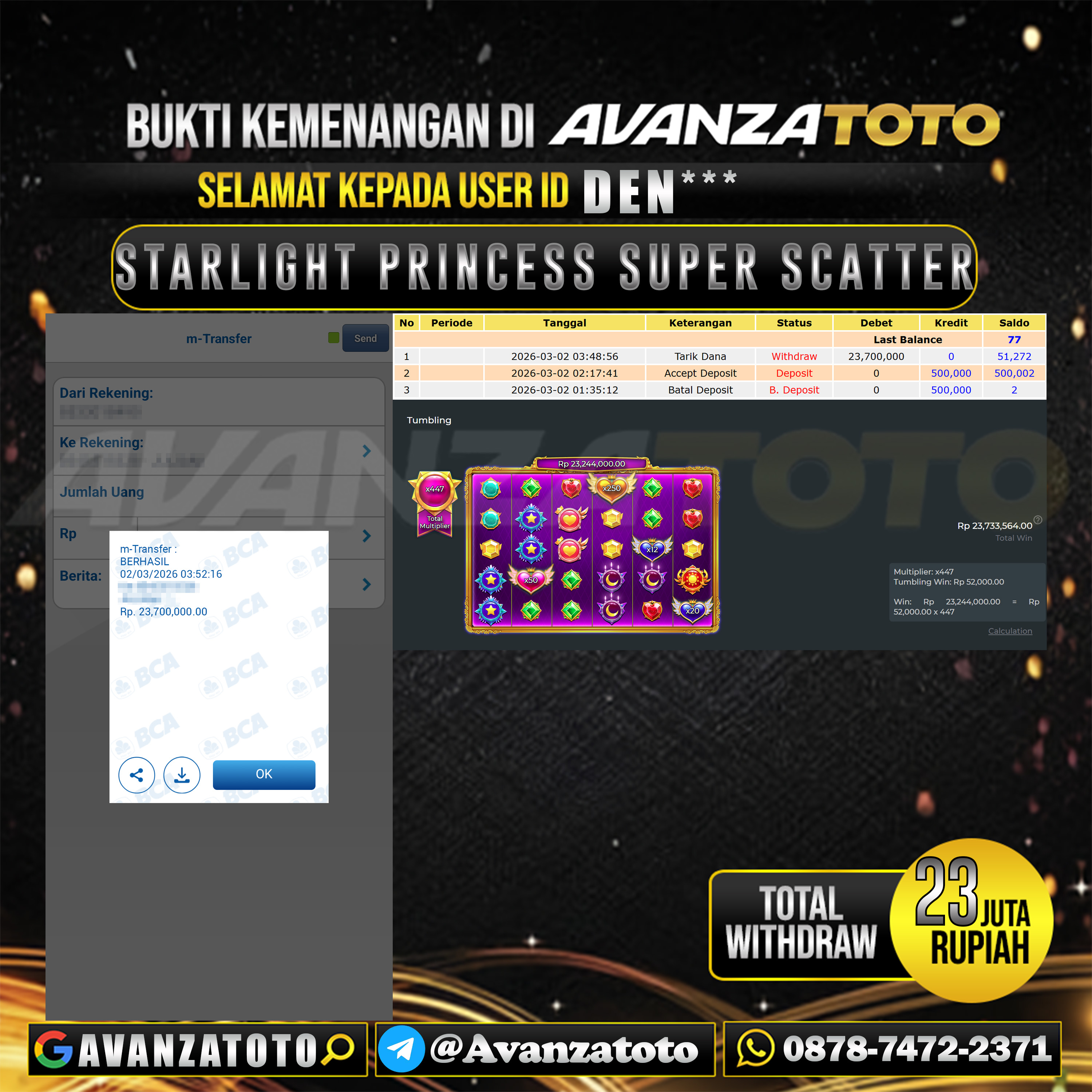 AVANZATOTO JACKPOT SLOT STARLIGHT PRINCESS SUPER SCATTER Rp.23.000.000,-LUNAS USER ID : DEN*** 