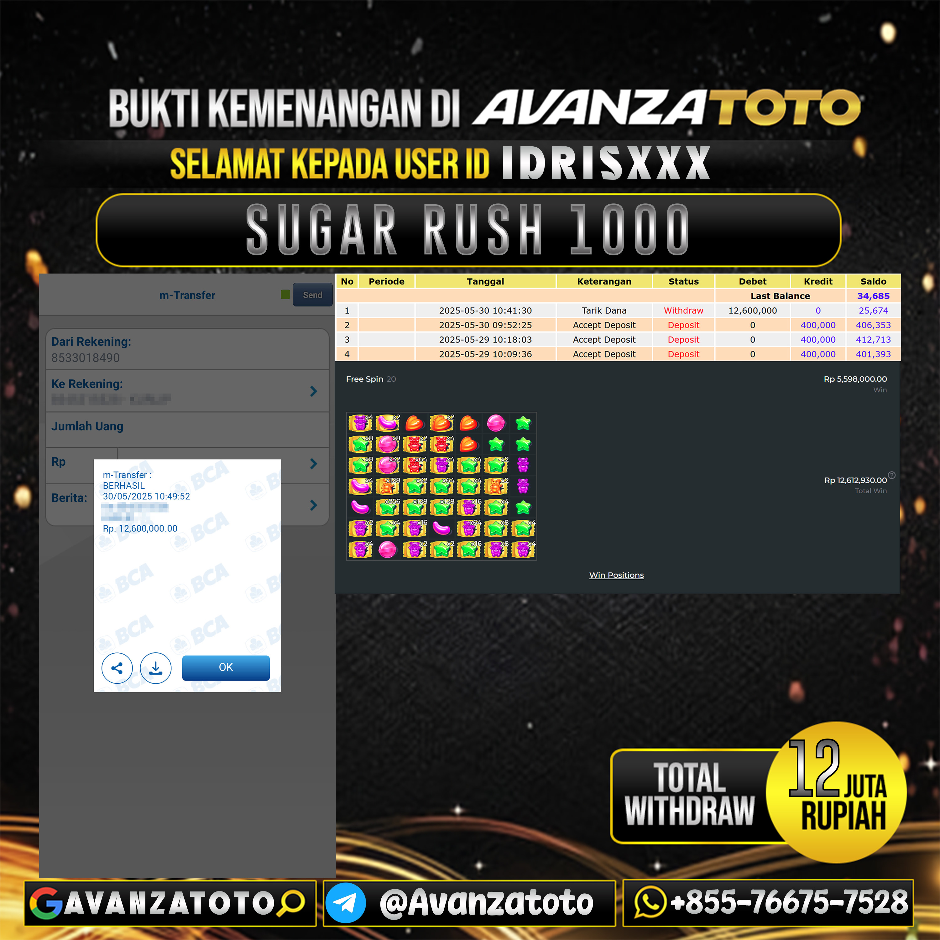 AVANZATOTO JACKPOT SLOT SUGAR RUSH 1000 Rp.12.000.000,-LUNAS USER ID: IDRIS***