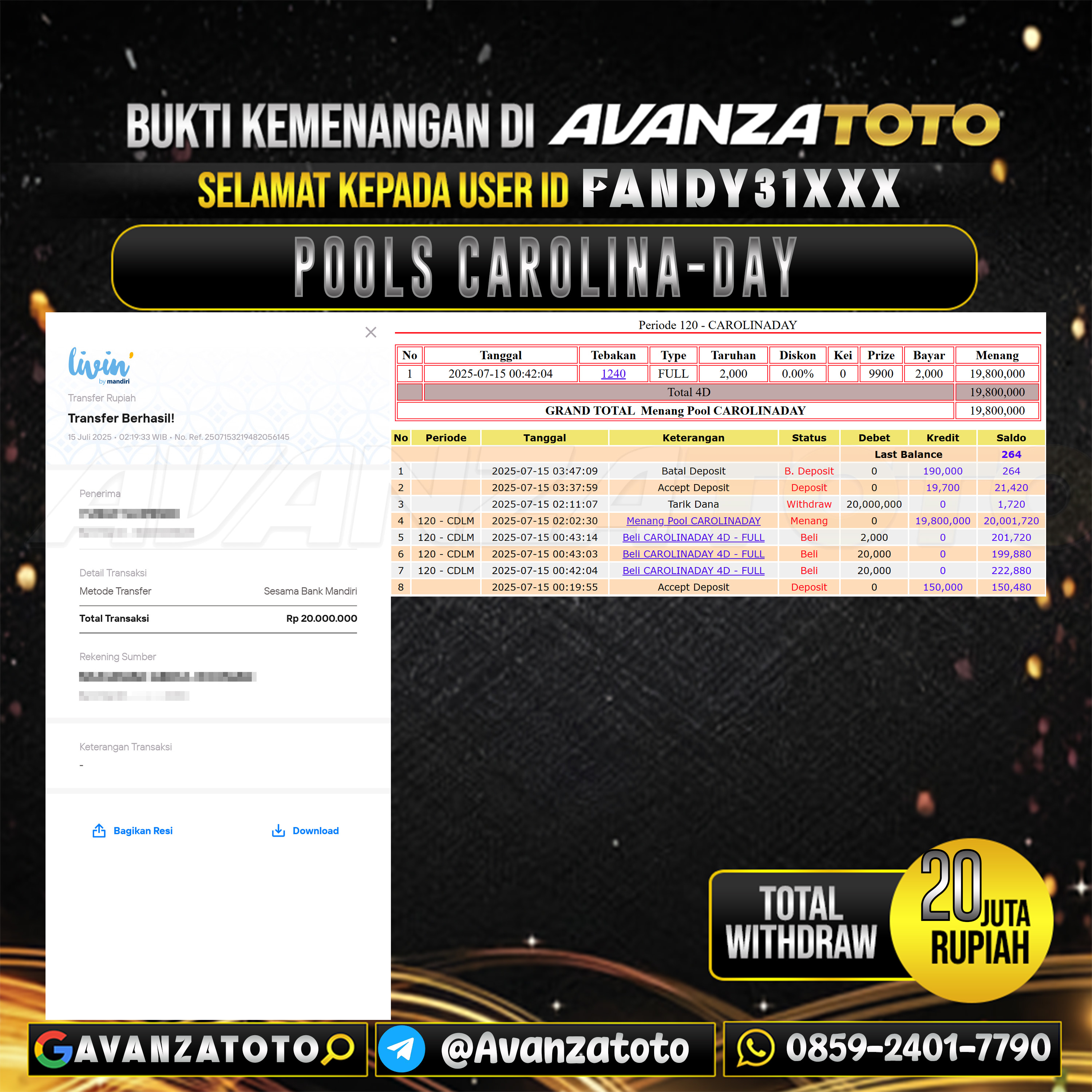 AVANZATOTO JACKPOT TOGEL PASARAN CAROLINA-DAY Rp.-20.000.000,-LUNAS USER ID: FANDY31***