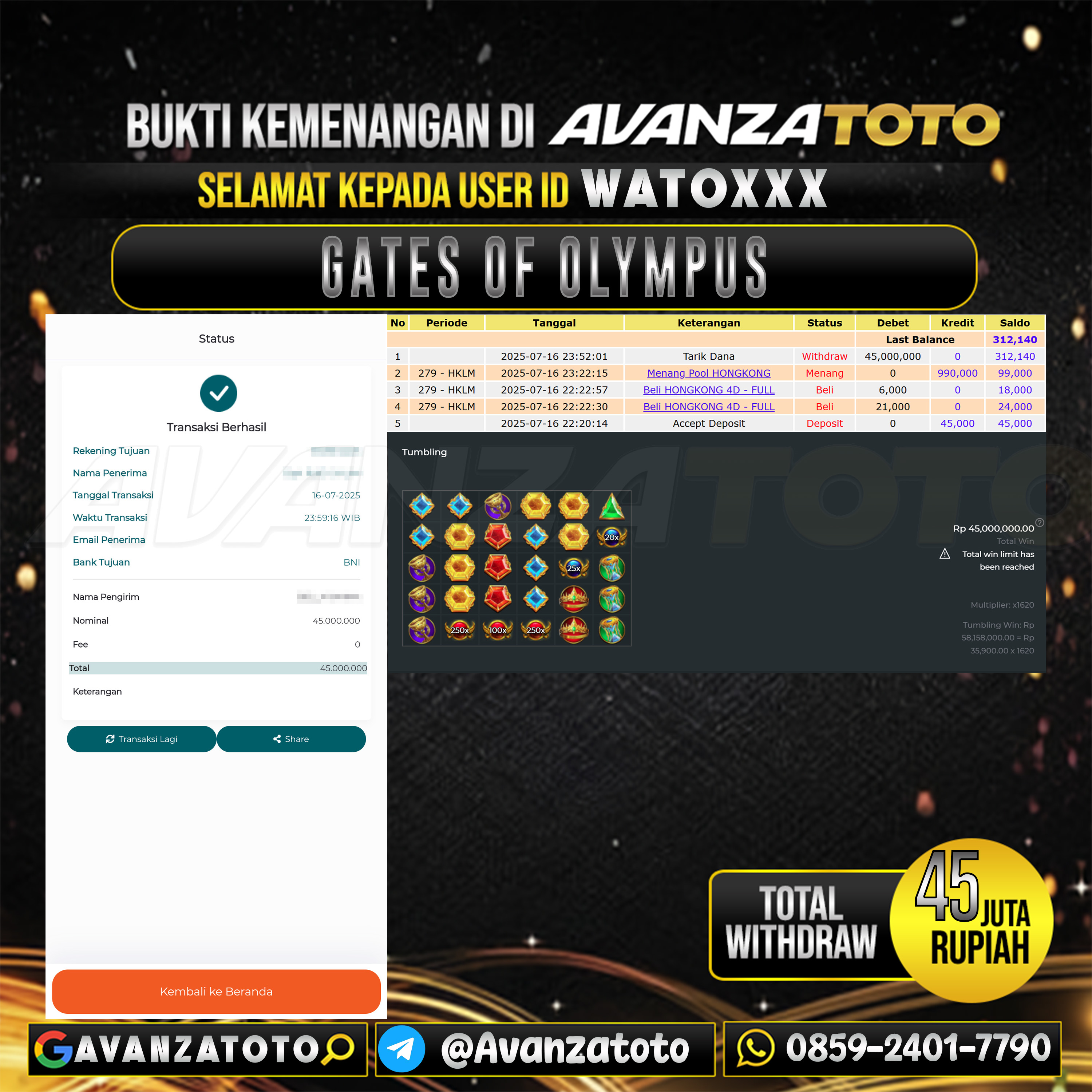AVANZATOTO JACKPOT SLOT GATES OF OLYMPUS Rp.-45.000.000,-LUNAS USER ID: WATO***