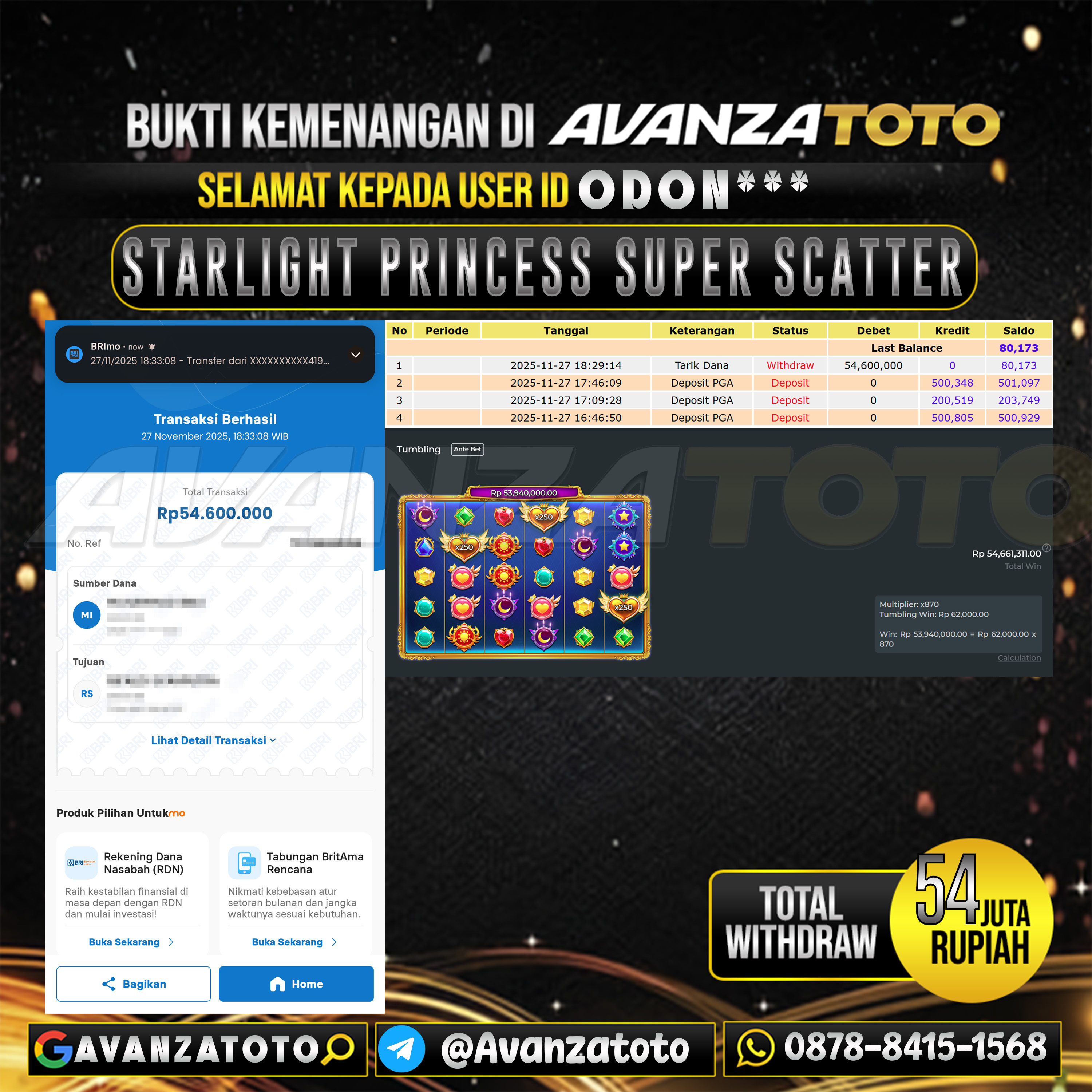 AVANZATOTO JACKPOT SLOT STARLIGHT PRINCESS SUPER SCATTER Rp.54.000.000,-LUNAS USER ID : ODON***