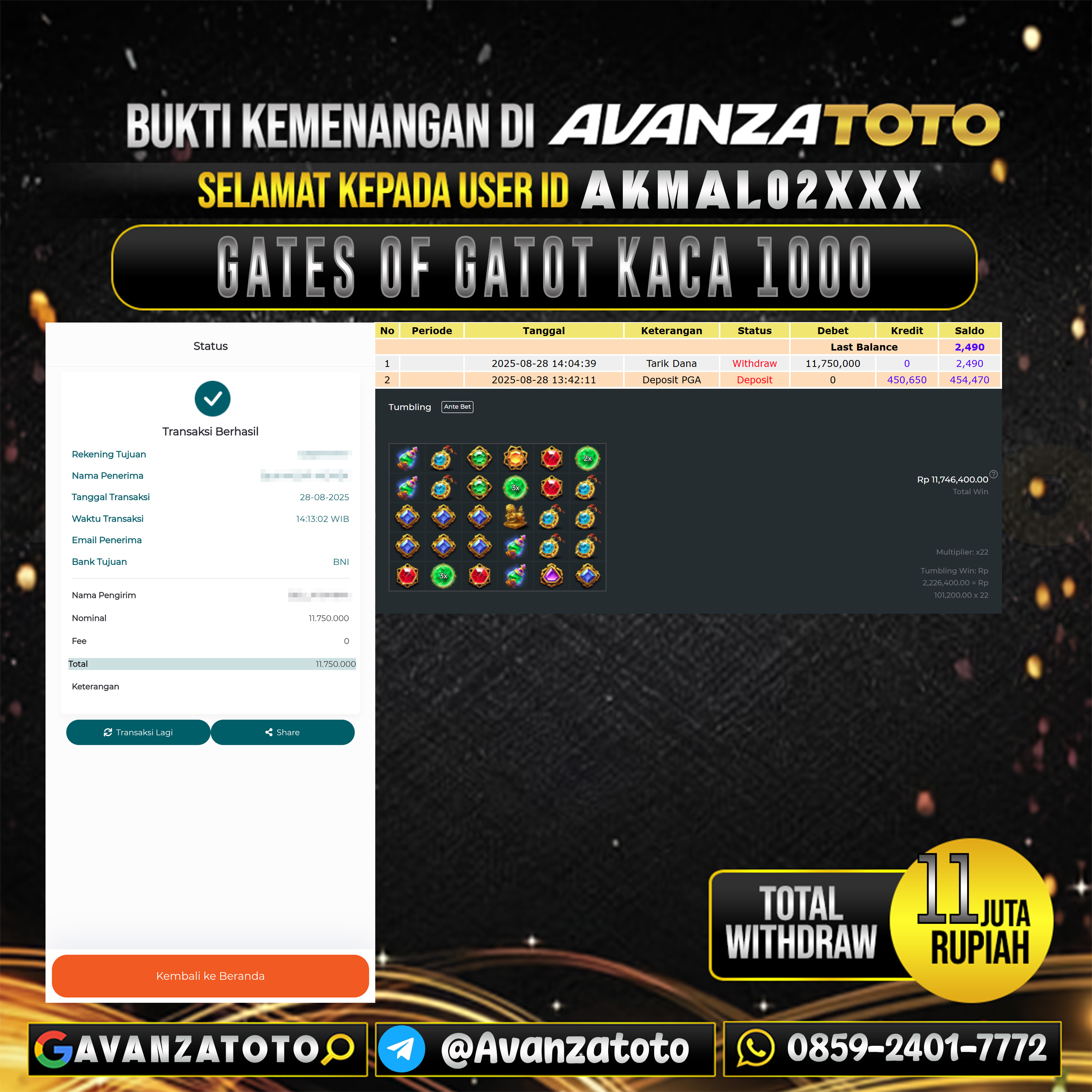 AVANZATOTO JACKPOT SLOT GATES OF GATOT KACA 1000 Rp.-11.000.000,-LUNAS USER ID: AKMAL02***